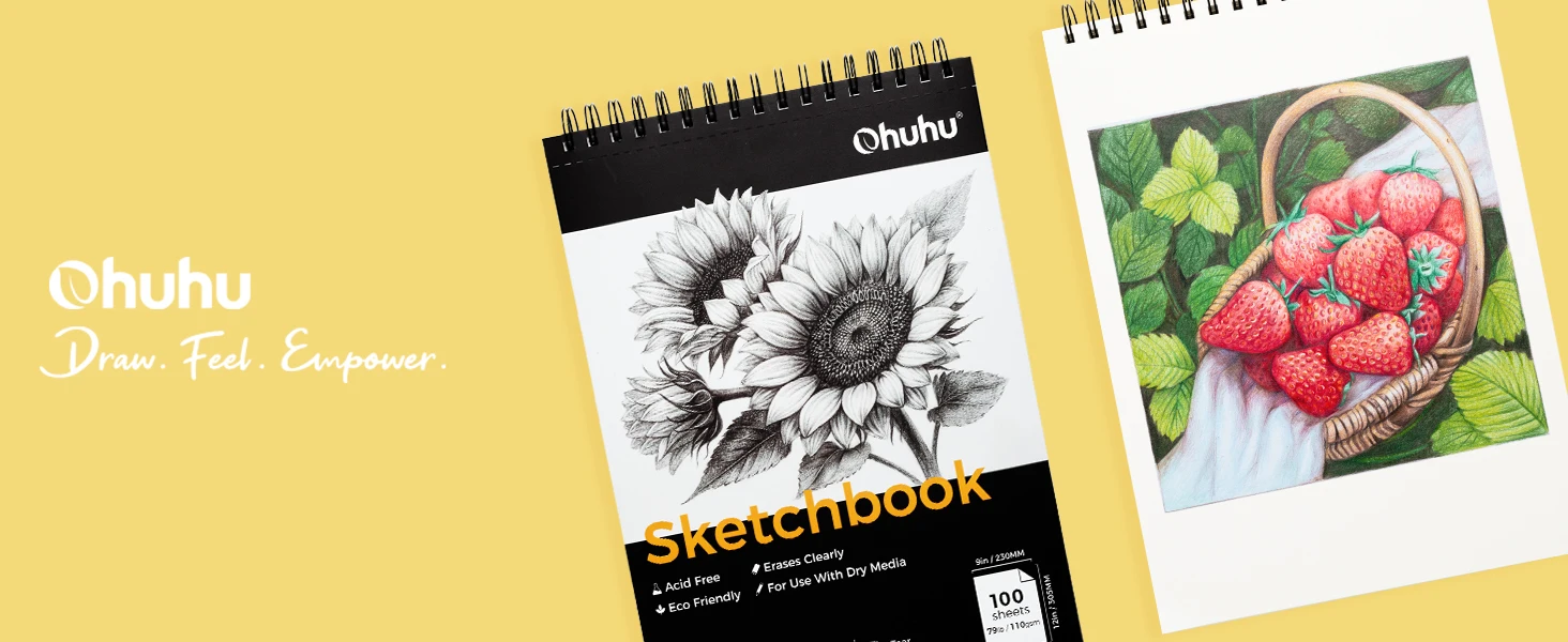 Ohuhu Bamboo Fiber Sketch Book Tear Resistant Drawing Paper Top Spiral Bound Sketch Pad Acid Free Art Drawing Painting Paper