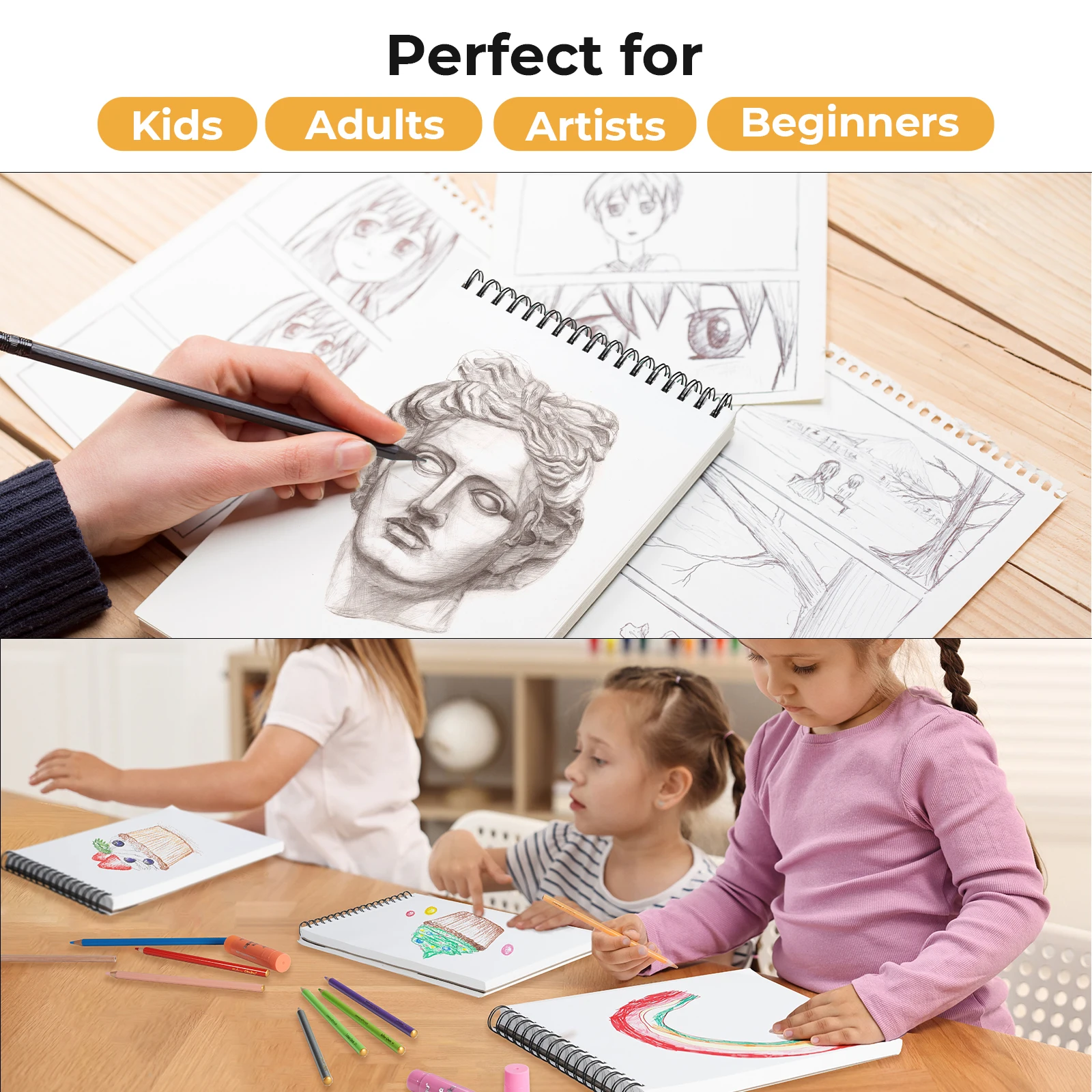 Ohuhu Bamboo Fiber Sketch Book Tear Resistant Drawing Paper Top Spiral Bound Sketch Pad Acid Free Art Drawing Painting Paper