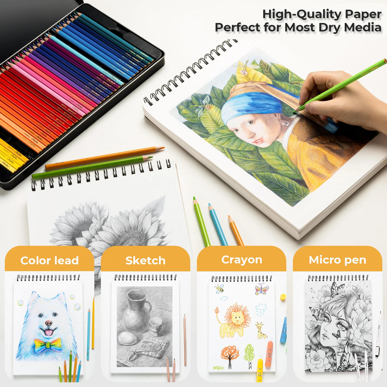 Ohuhu Bamboo Fiber Sketch Book Tear Resistant Drawing Paper Top Spiral Bound Sketch Pad Acid Free Art Drawing Painting Paper
