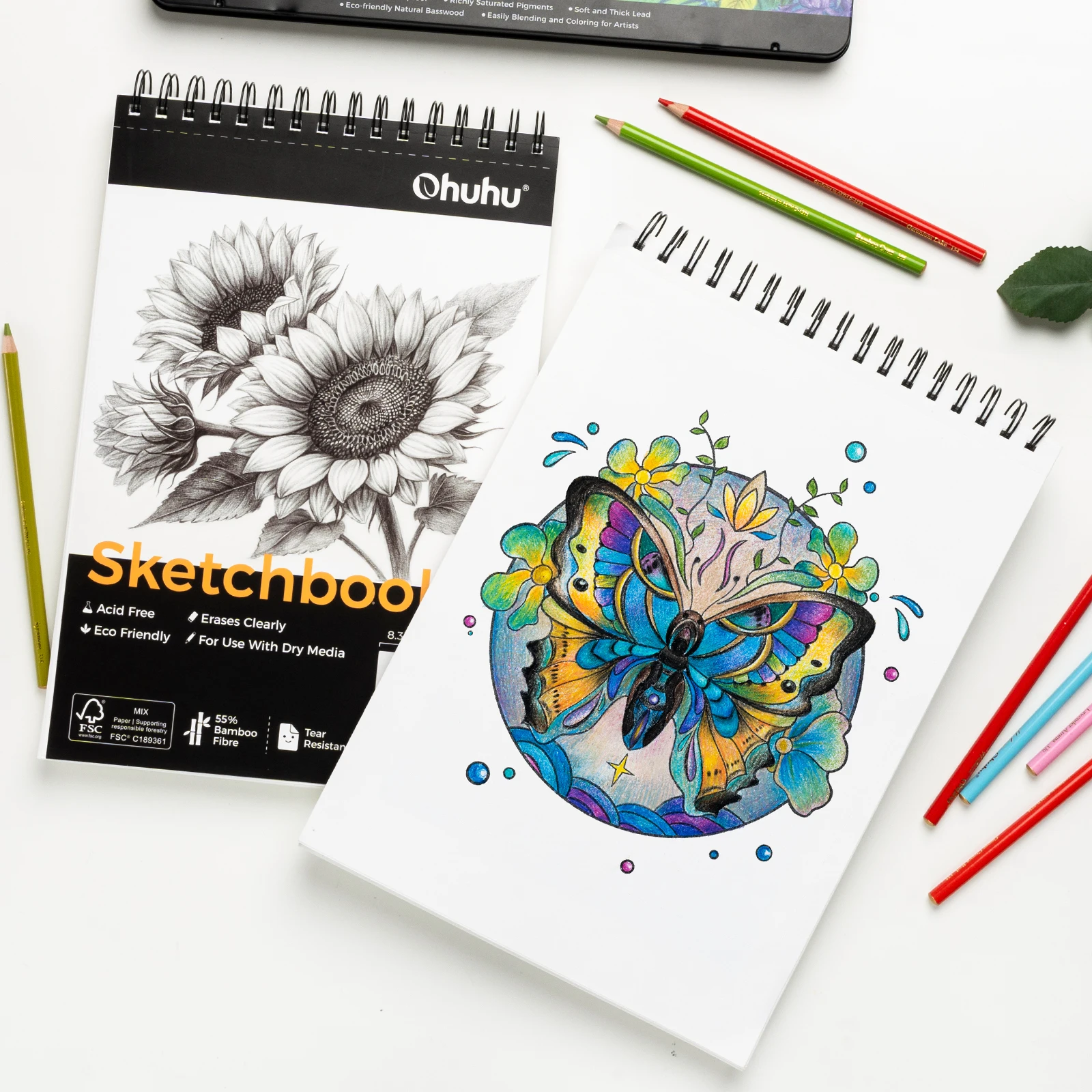 Ohuhu Bamboo Fiber Sketch Book Tear Resistant Drawing Paper Top Spiral Bound Sketch Pad Acid Free Art Drawing Painting Paper