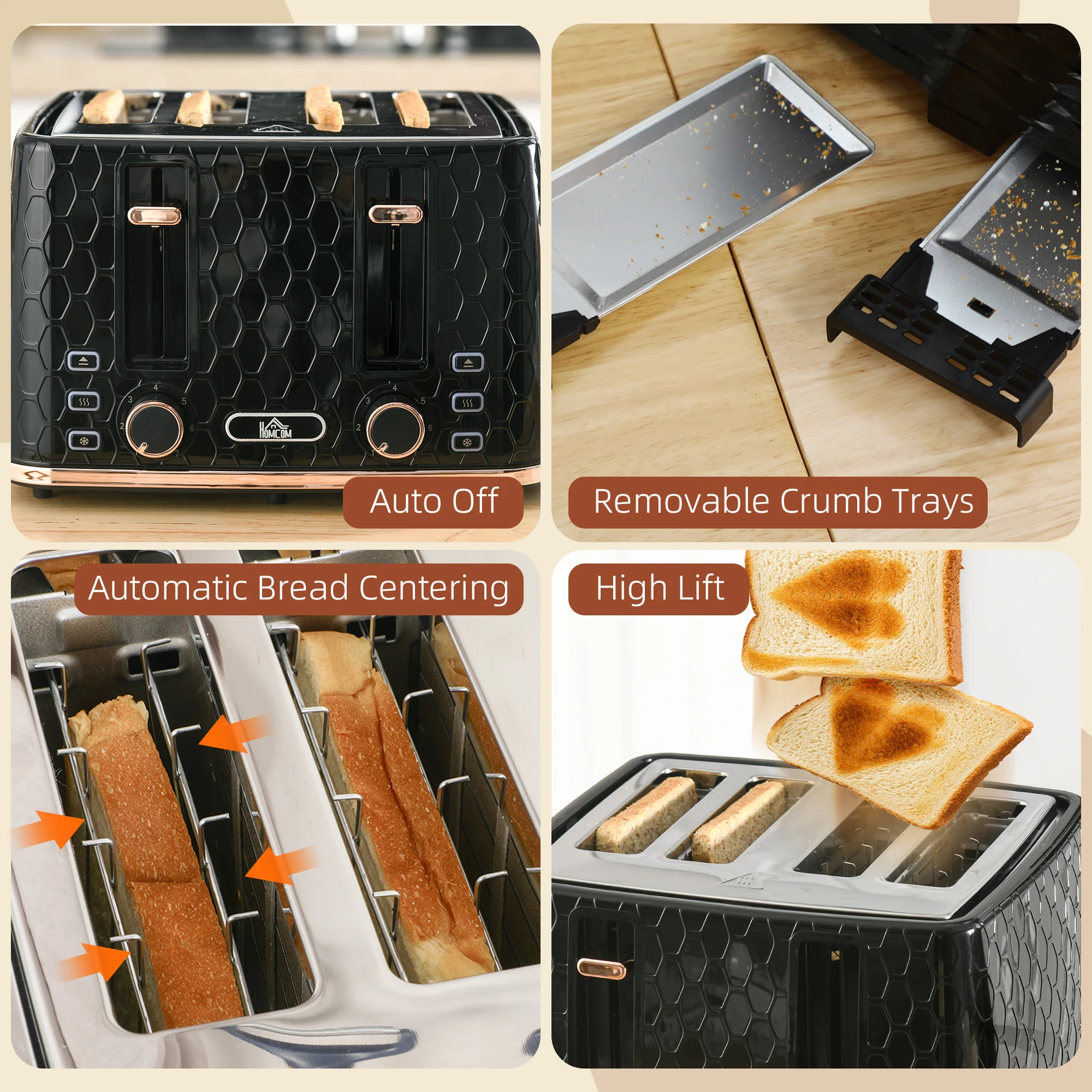 HOMCOM Toaster with 4 Slot, 7 Browning Levels, 1600W, Colourful Honeycomb