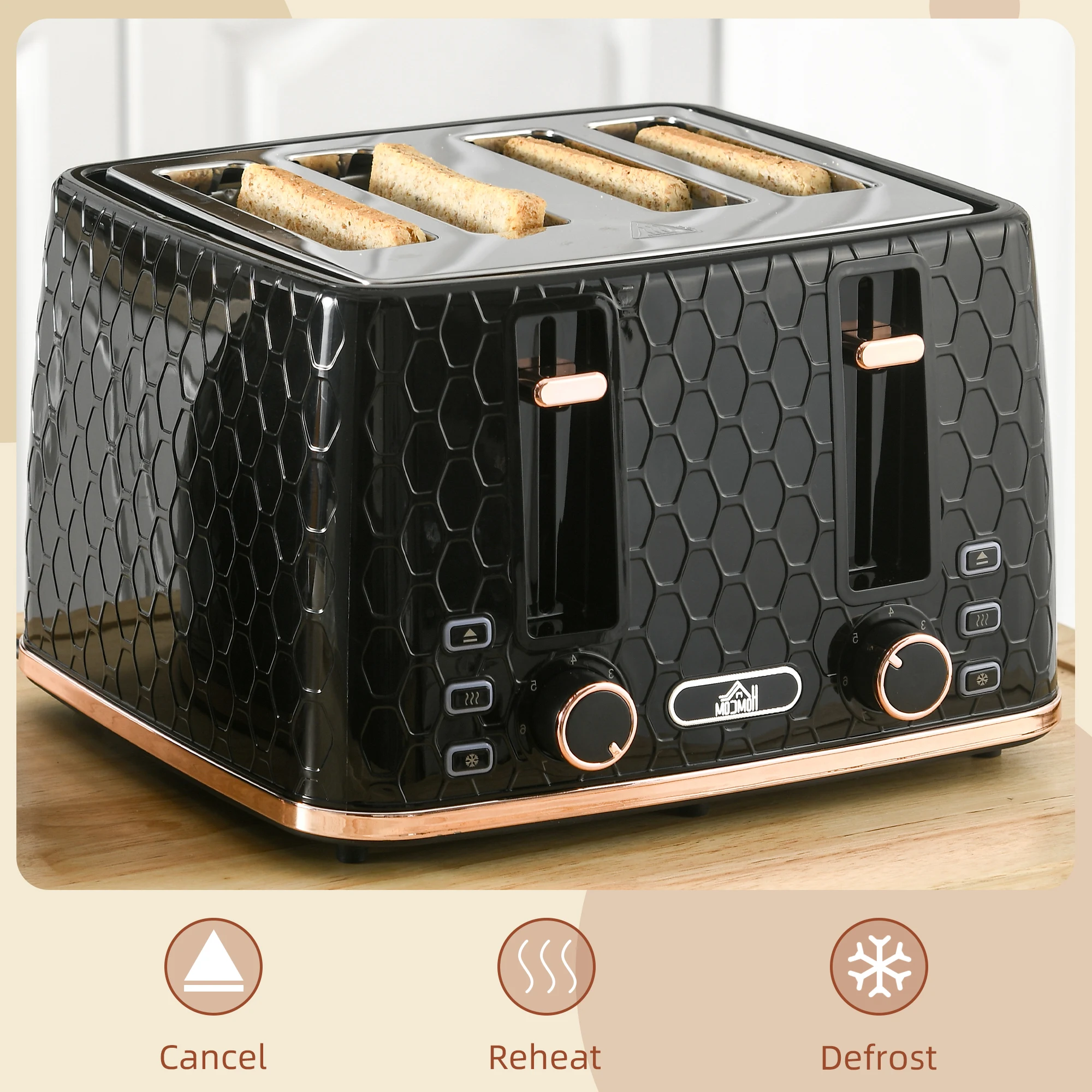 HOMCOM Toaster with 4 Slot, 7 Browning Levels, 1600W, Colourful Honeycomb