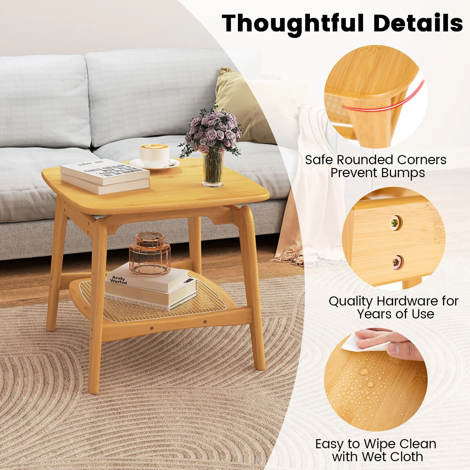GOFLAME Side Table Bamboo Sofa Side Table w/Faux Rattan Storage Shelf-Natural