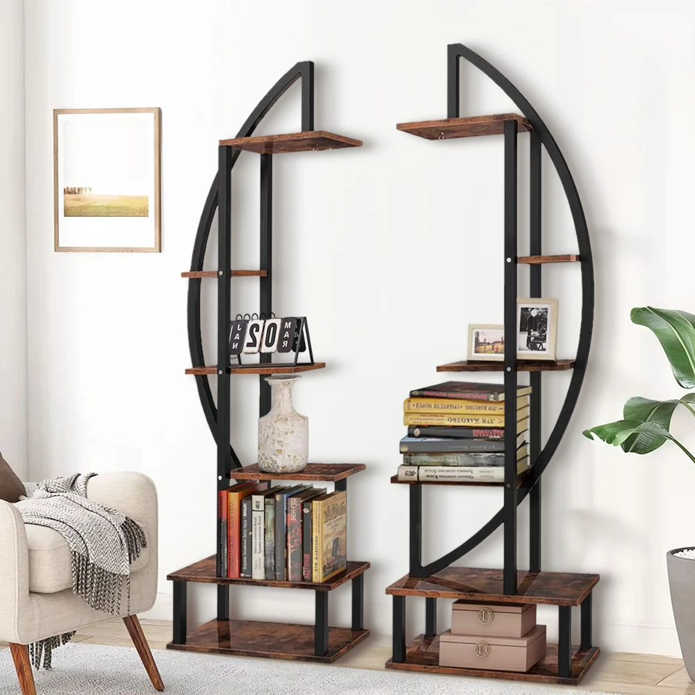 【Lifeideas】2 Pcs Rustic Brown Crescent Wood Tiered Plant Stand