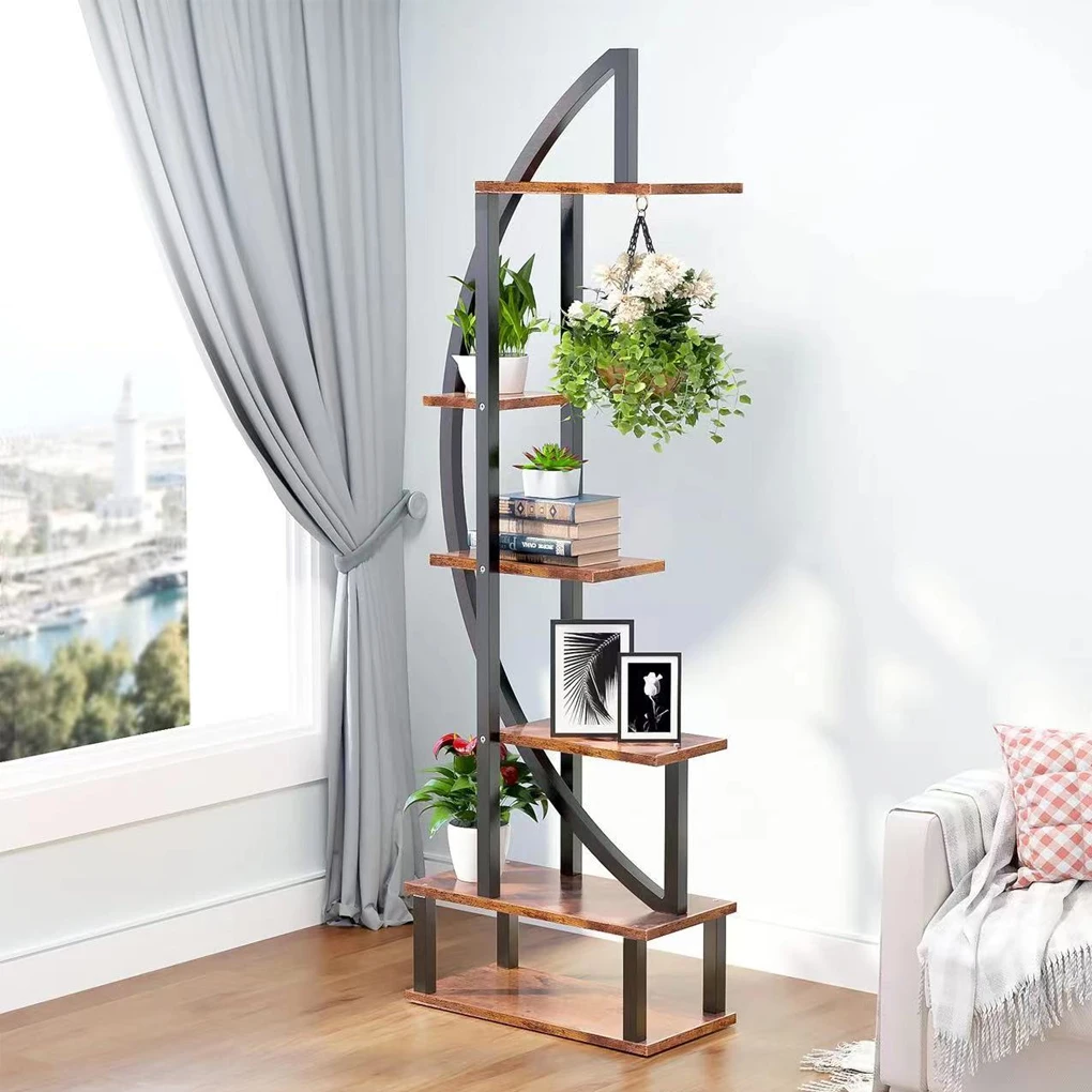 【Lifeideas】2 Pcs Rustic Brown Crescent Wood Tiered Plant Stand
