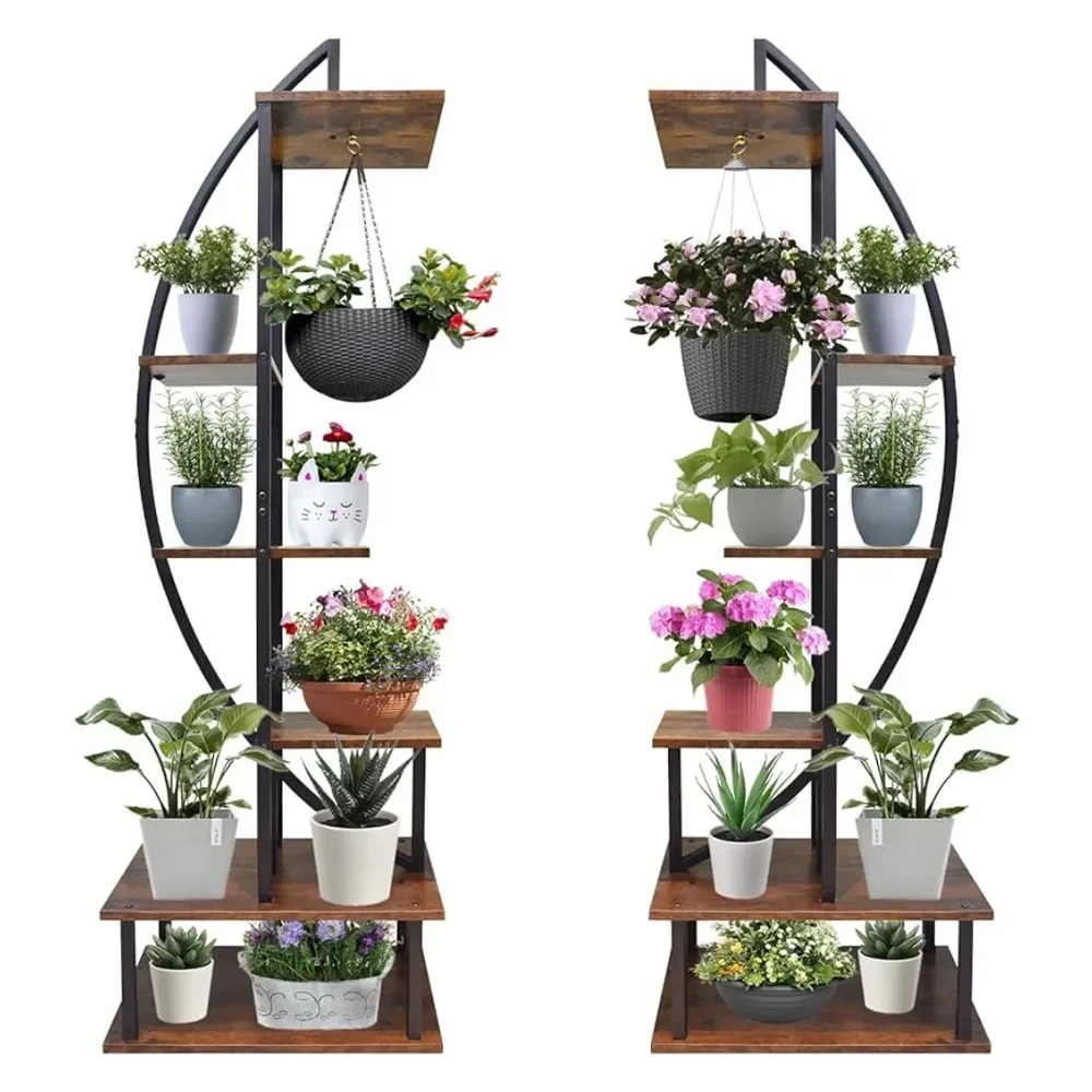 【Lifeideas】2 Pcs Rustic Brown Crescent Wood Tiered Plant Stand