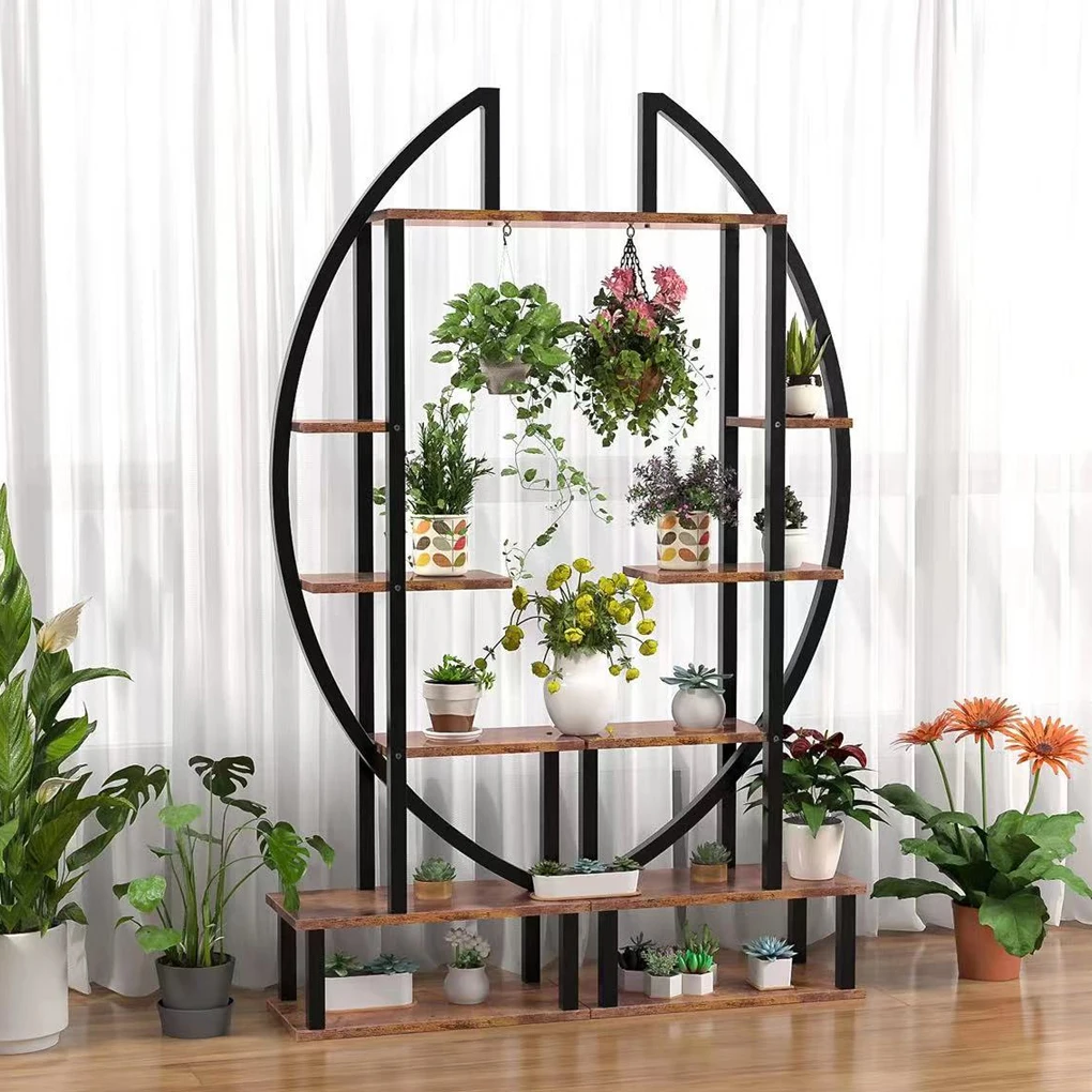 【Lifeideas】2 Pcs Rustic Brown Crescent Wood Tiered Plant Stand