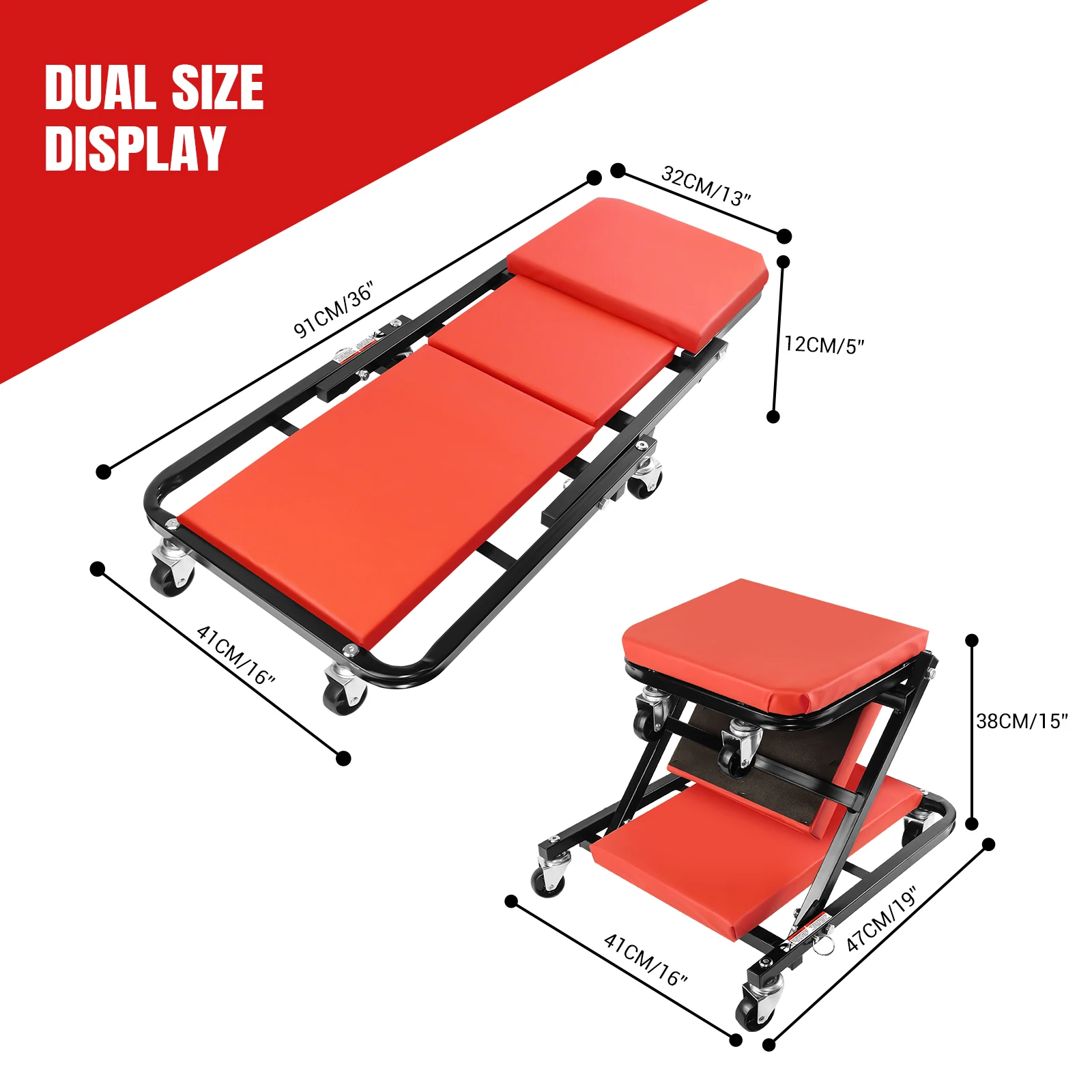 DayPlus 2-in-1 Folding Car Creeper 36" Mechanics Stool Padded Crawler Board with Extra Head Padding,360° Swivel Wheels For Home