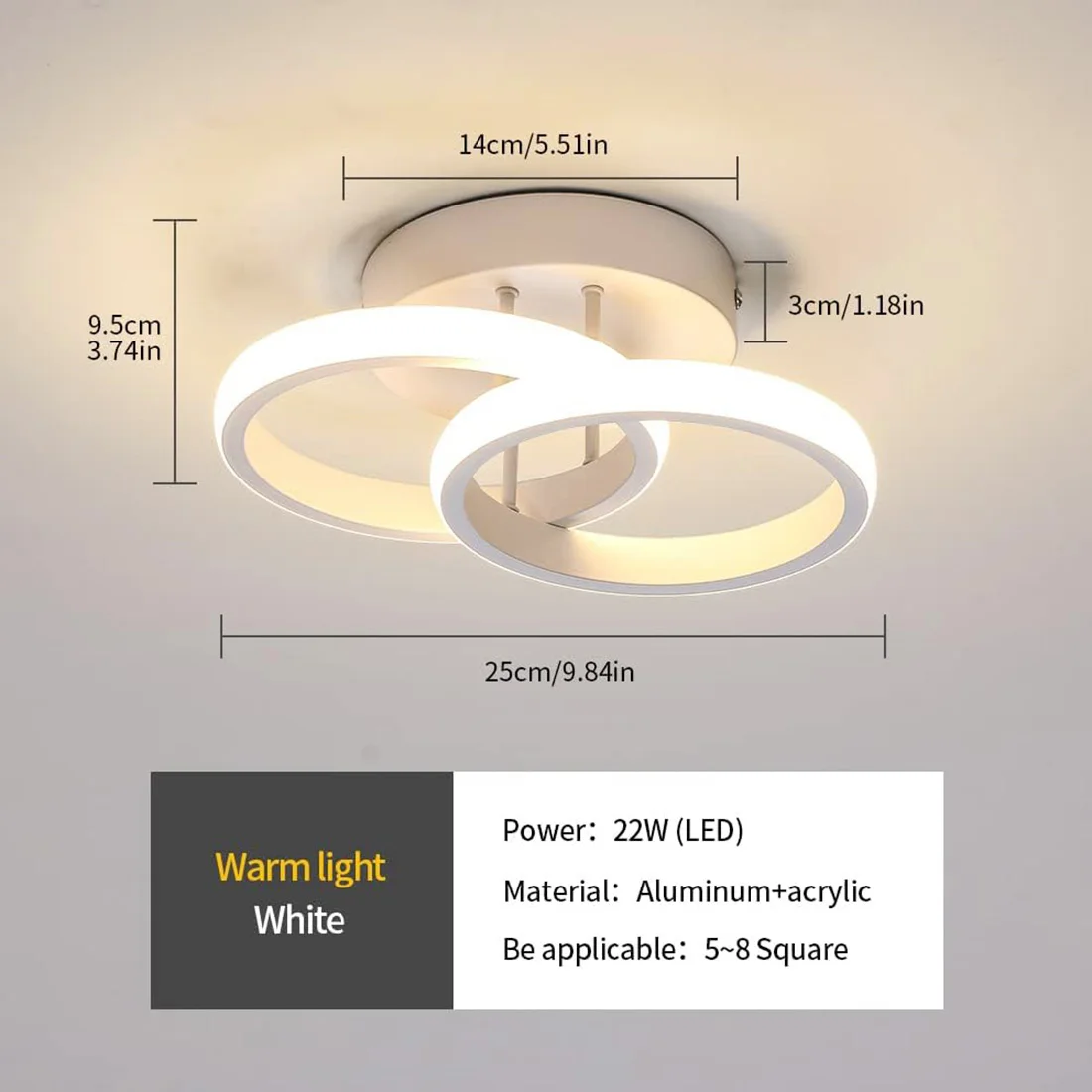 Modern Ceiling Lamp 22W Indoor Double Ring Warm White LED Ceiling Light 3000K Acrylic Metal Ceiling Light for Bedroom
