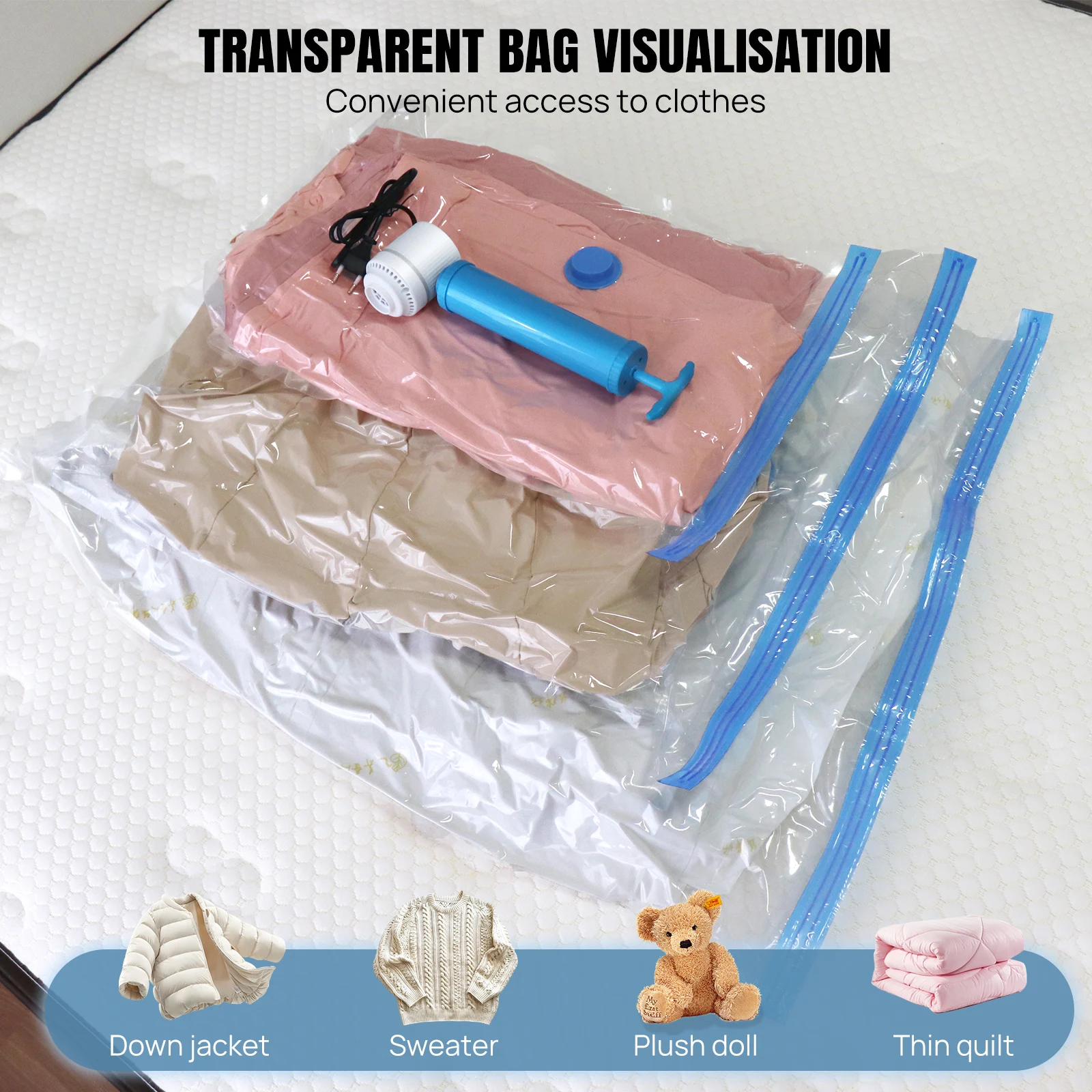 Vacuum Compression Storage Bags for Clothes, 12-Pack with Electric Pump - Reusable Space Saver Bags for Travel Space Saver Bags