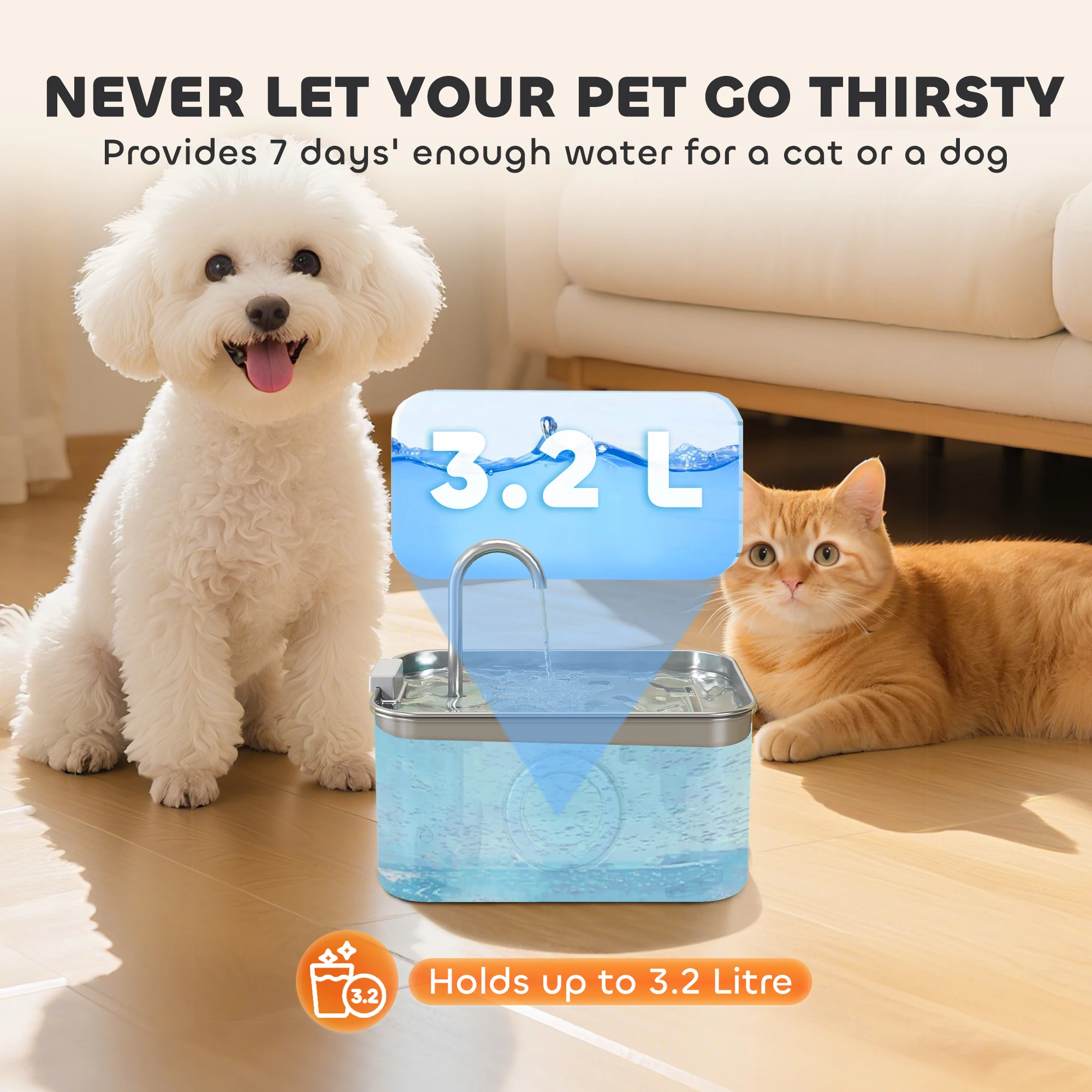 PawHut 3.2L Cat Water Fountain for Drinking Stainless Steel Ultra-Silent