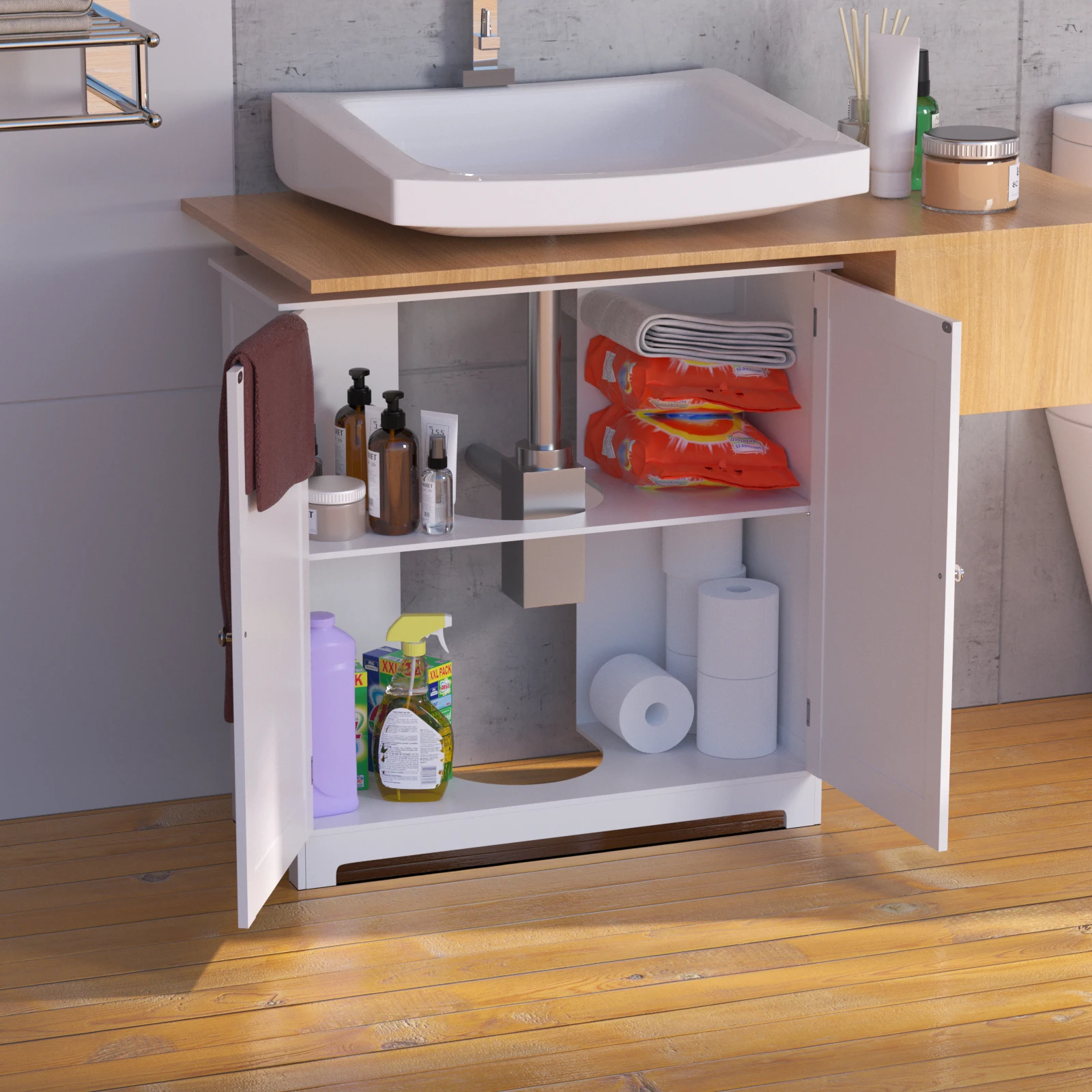 Free Standing Wooden Sink Storage Organiser, Bathroom Floor Basin Cupboard Unit Storage Cabinet with Double Doors, 60 x 30 x 60