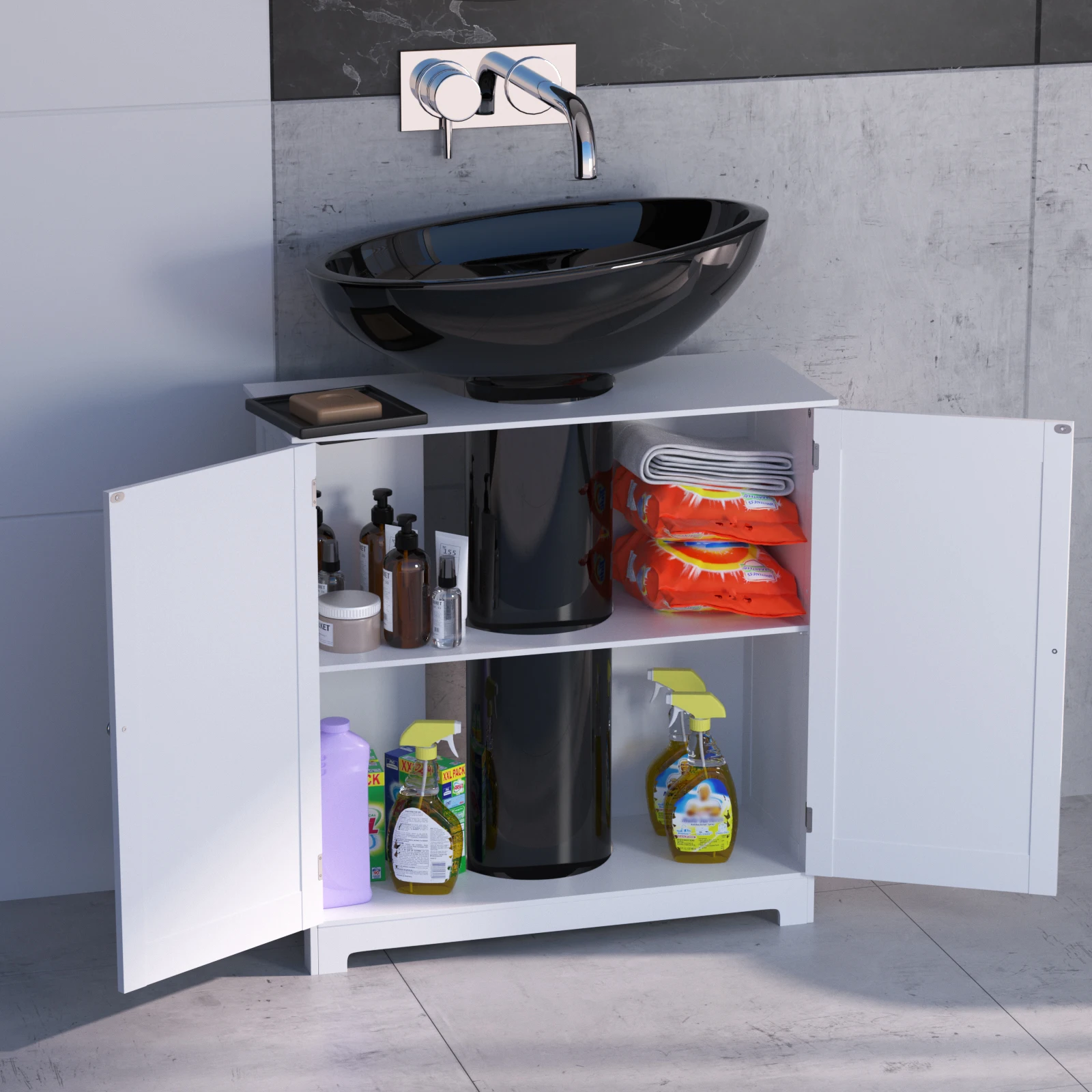 Free Standing Wooden Sink Storage Organiser, Bathroom Floor Basin Cupboard Unit Storage Cabinet with Double Doors, 60 x 30 x 60