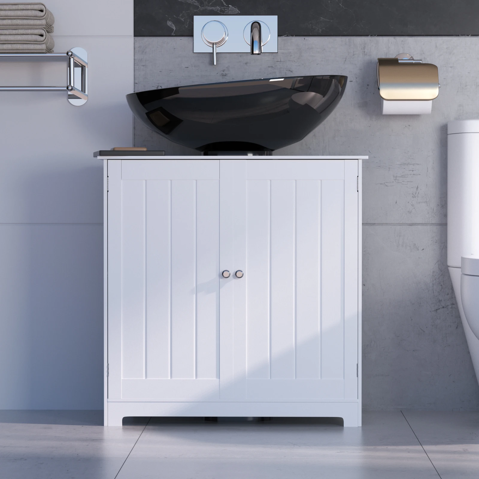 Free Standing Wooden Sink Storage Organiser, Bathroom Floor Basin Cupboard Unit Storage Cabinet with Double Doors, 60 x 30 x 60