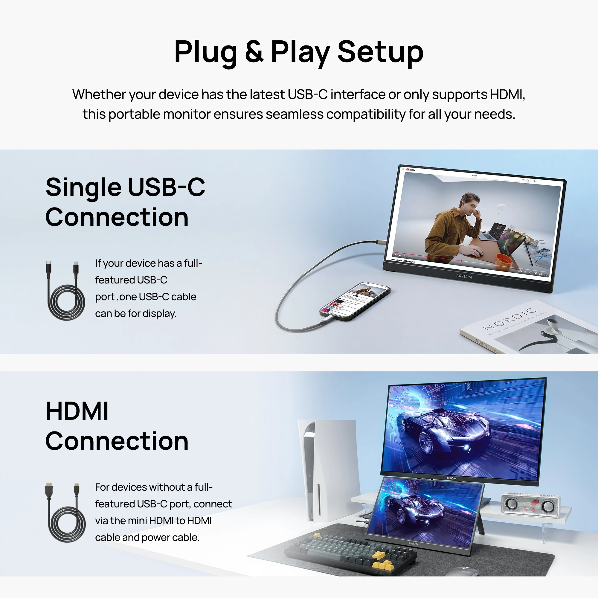 ARZOPA 15.6 inch Portable Monitor FHD 1080P IPS USB-C Mini-HDMI External Second Screen for PC/MAC/Phone/Xbox/PS A1