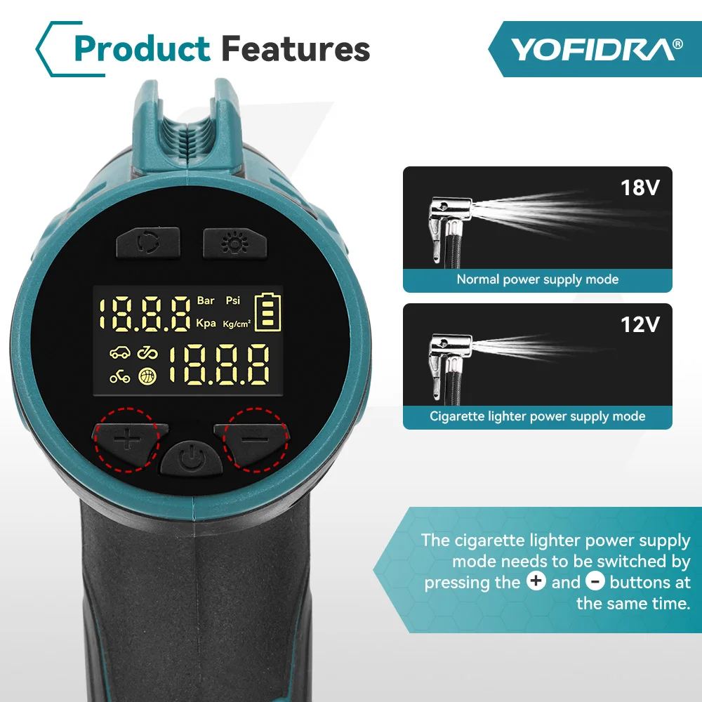 YOFIDRA Electric Air Pump Tire Inflator High Pressure Digital Display Car Air Compressor Tool For Makita 18-21V Battery Pin