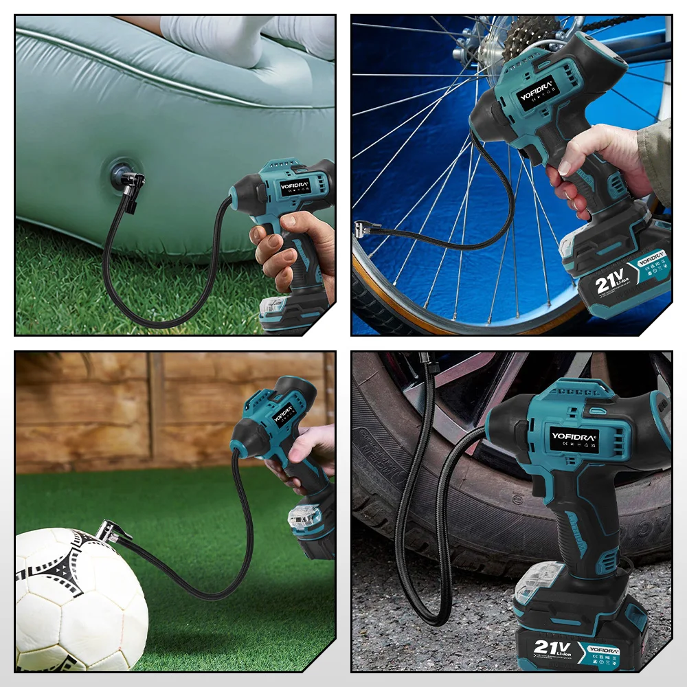 YOFIDRA Electric Air Pump Tire Inflator High Pressure Digital Display Car Air Compressor Tool For Makita 18-21V Battery Pin