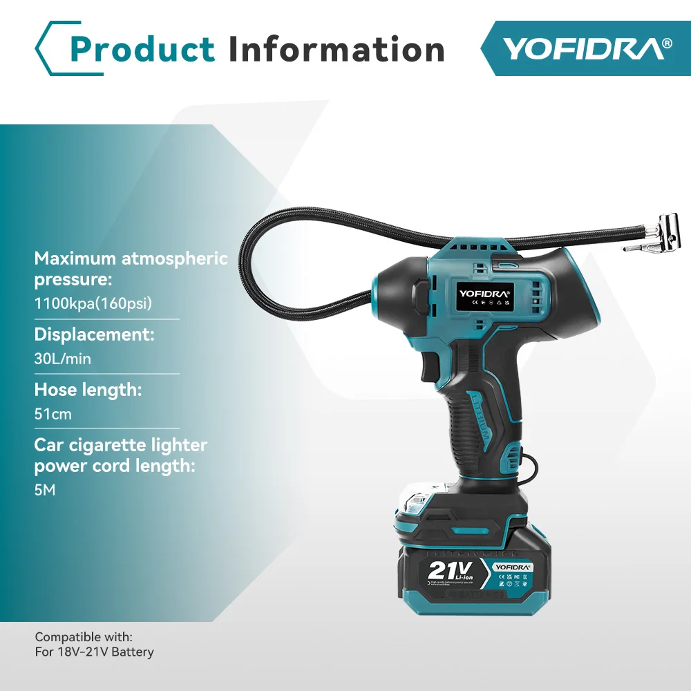 YOFIDRA Electric Air Pump Tire Inflator High Pressure Digital Display Car Air Compressor Tool For Makita 18-21V Battery Pin
