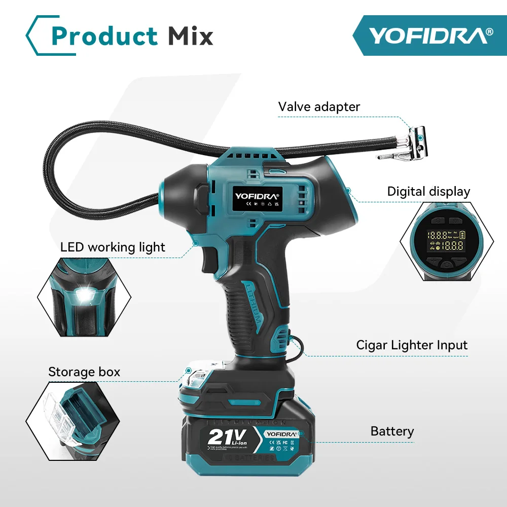 YOFIDRA Electric Air Pump Tire Inflator High Pressure Digital Display Car Air Compressor Tool For Makita 18-21V Battery Pin