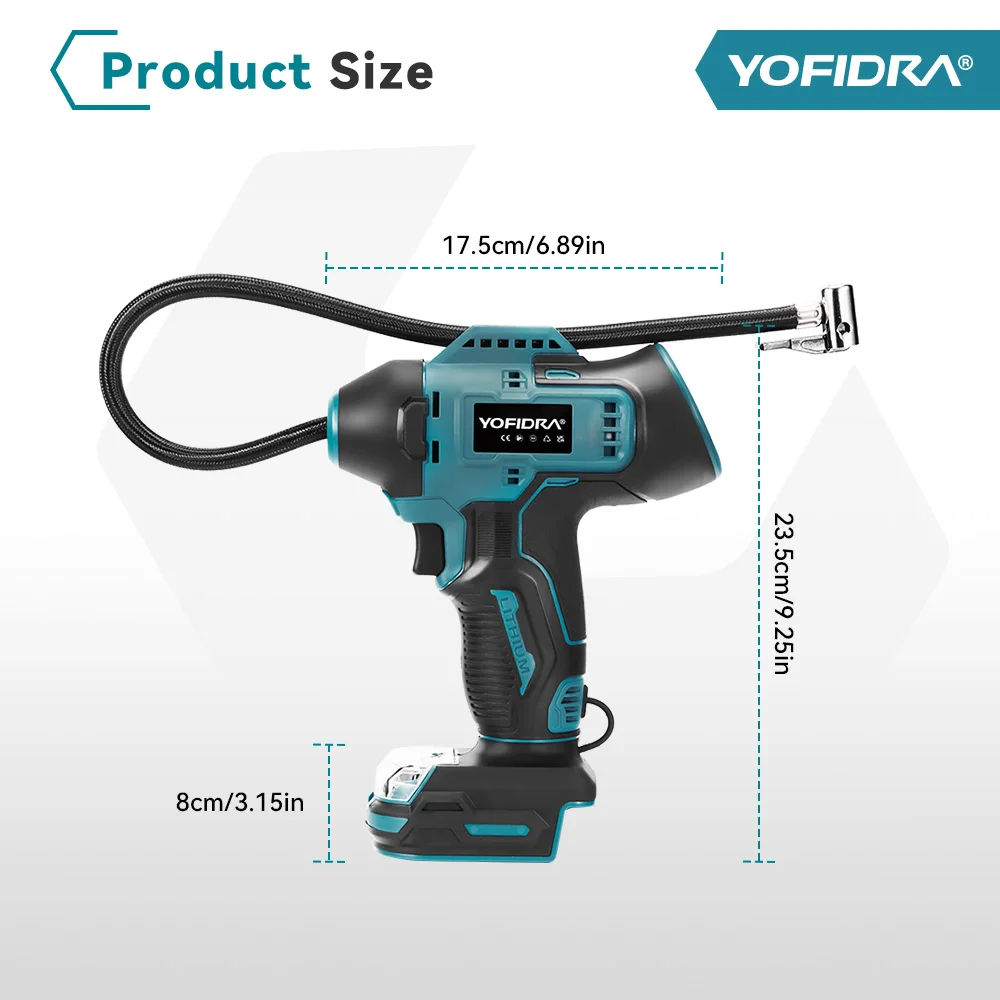 YOFIDRA Electric Air Pump Tire Inflator High Pressure Digital Display Car Air Compressor Tool For Makita 18-21V Battery Pin