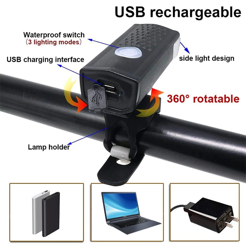 Podofo USB Rechargeable Bike Light Set Headlight Night Riding Lamp Warning Lamp Outdoor Bicycle Flashlight