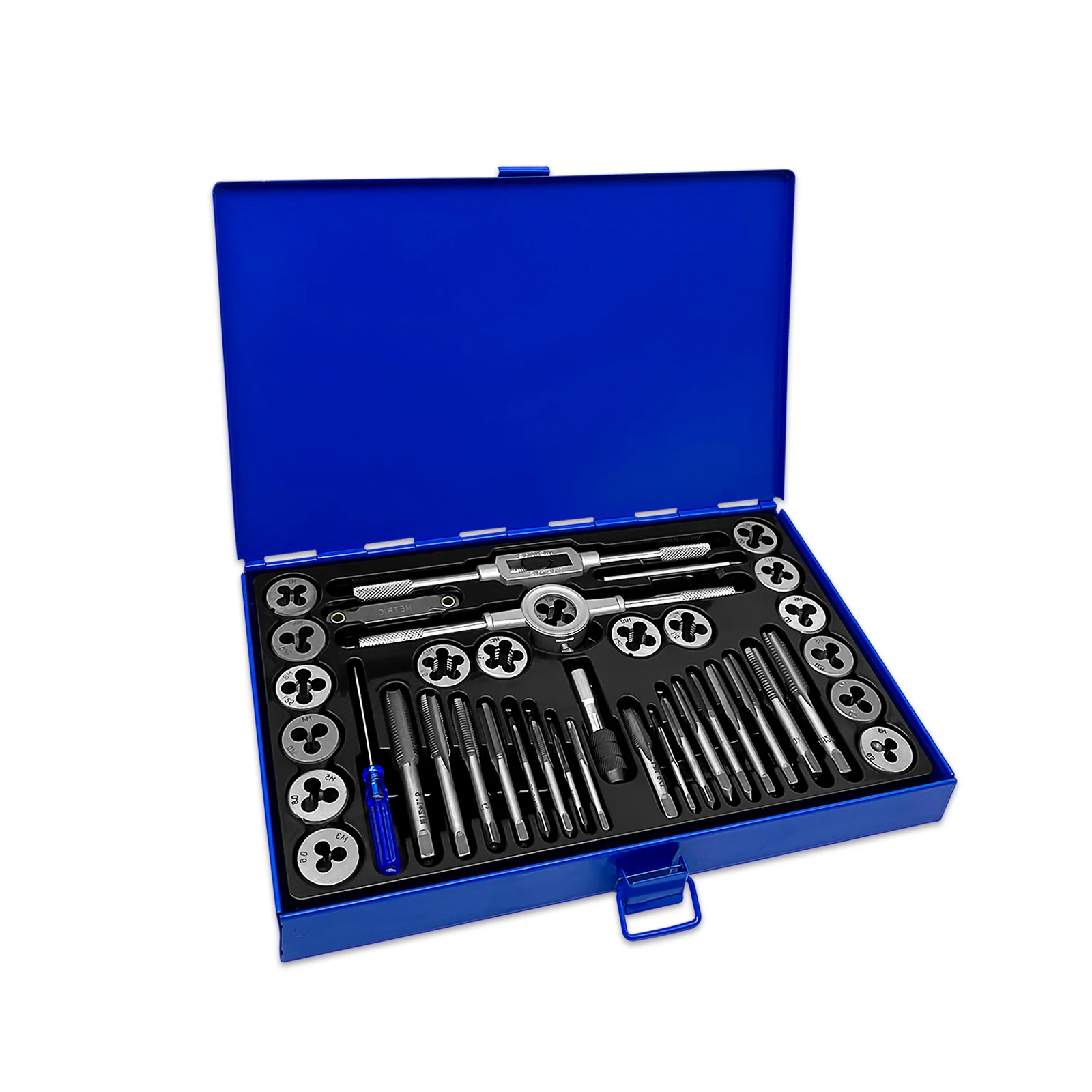 40PCS Metric Tap and Die Set Alloy Steel Pitch Gauge M3-M12 Alloy Steel Pitch Gauge Tough-Bearing Handle Tool with Blue Case