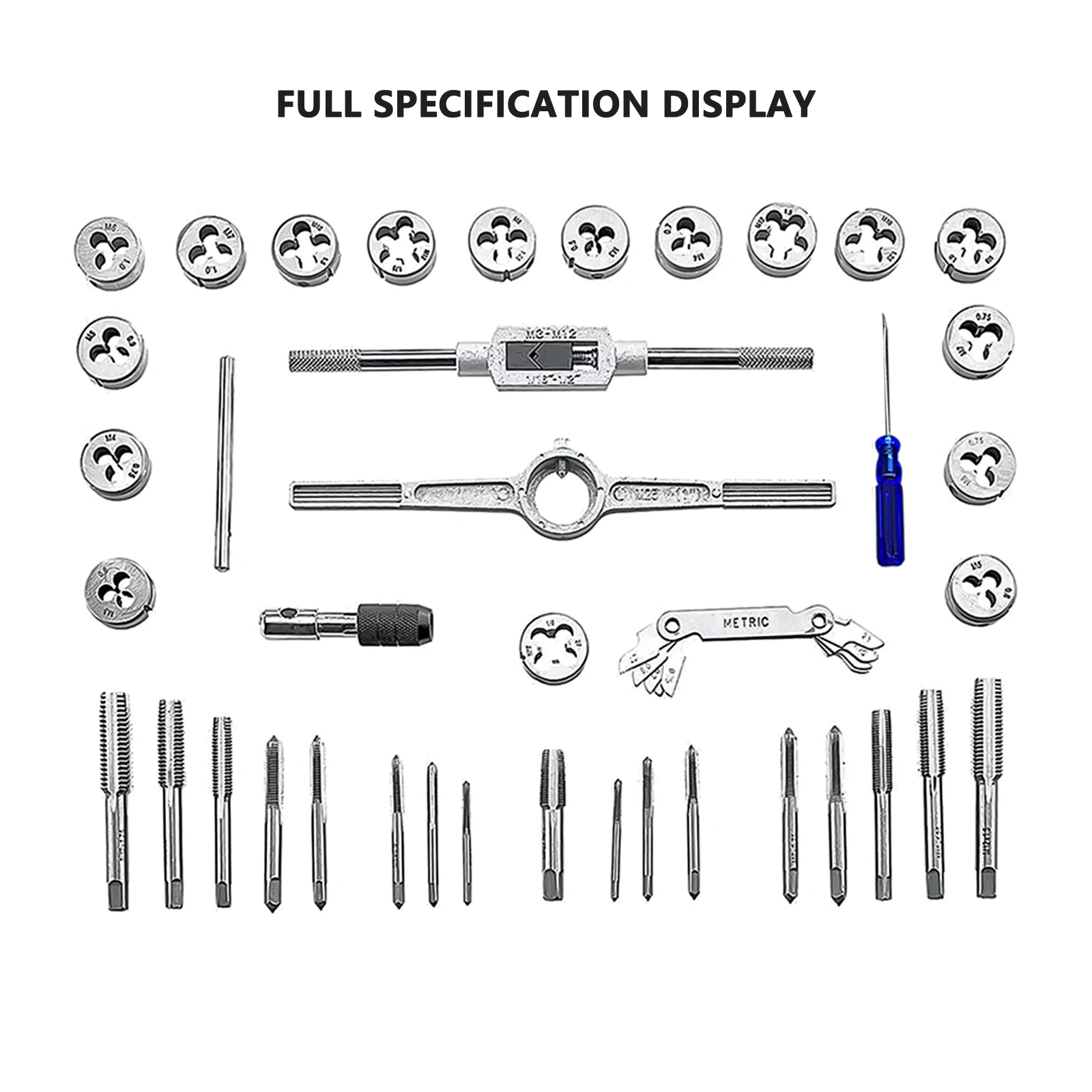 40PCS Metric Tap and Die Set Alloy Steel Pitch Gauge M3-M12 Alloy Steel Pitch Gauge Tough-Bearing Handle Tool with Blue Case