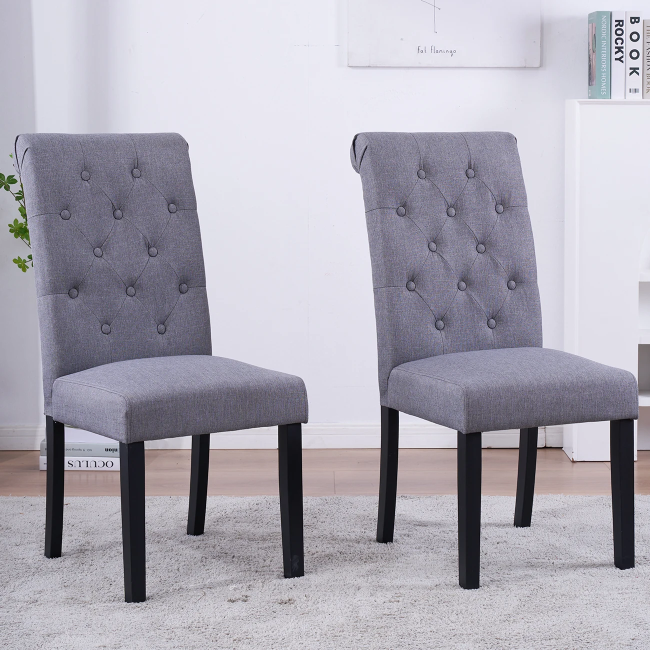 BonChoice 2x Grey Button Tufted High Back Dining Chairs Fabric Upholstered Room Kitchen