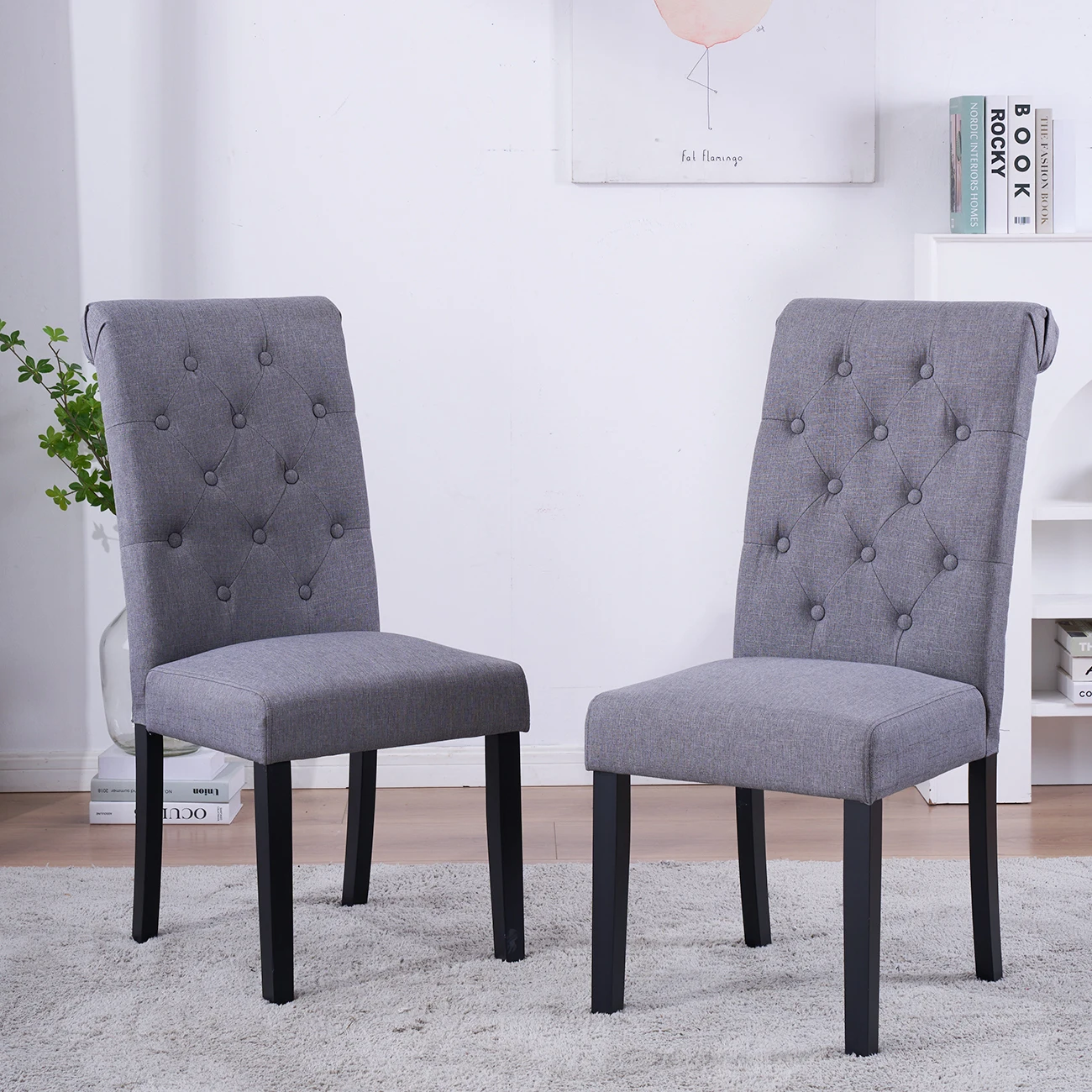 BonChoice 2x Grey Button Tufted High Back Dining Chairs Fabric Upholstered Room Kitchen