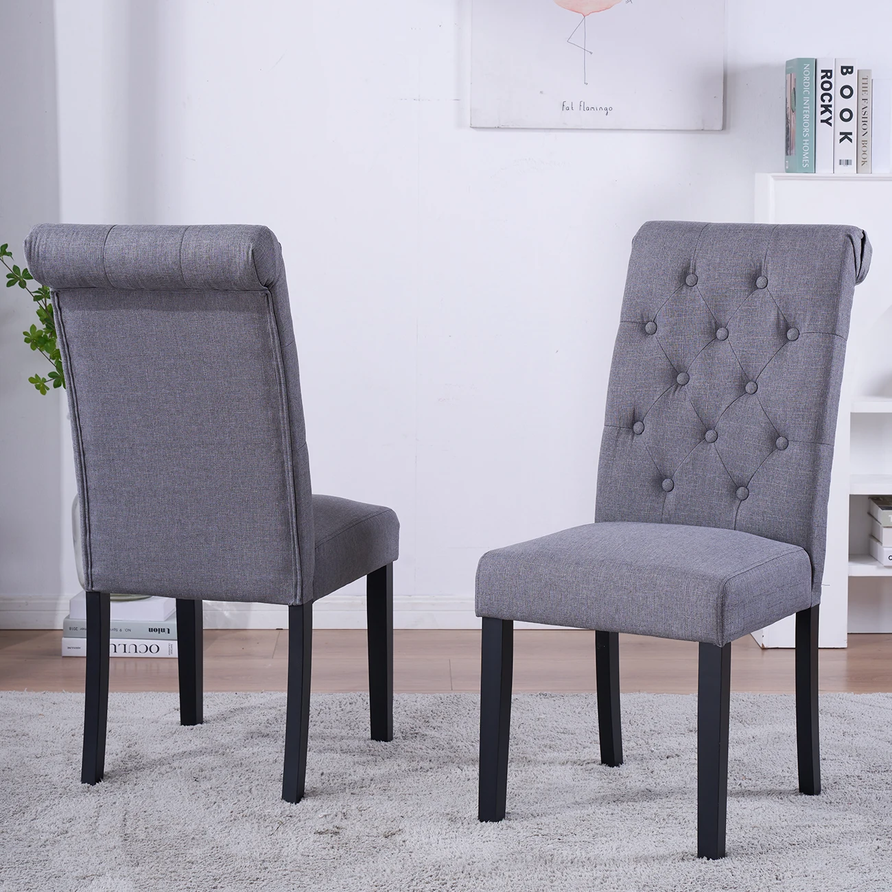 BonChoice 2x Grey Button Tufted High Back Dining Chairs Fabric Upholstered Room Kitchen
