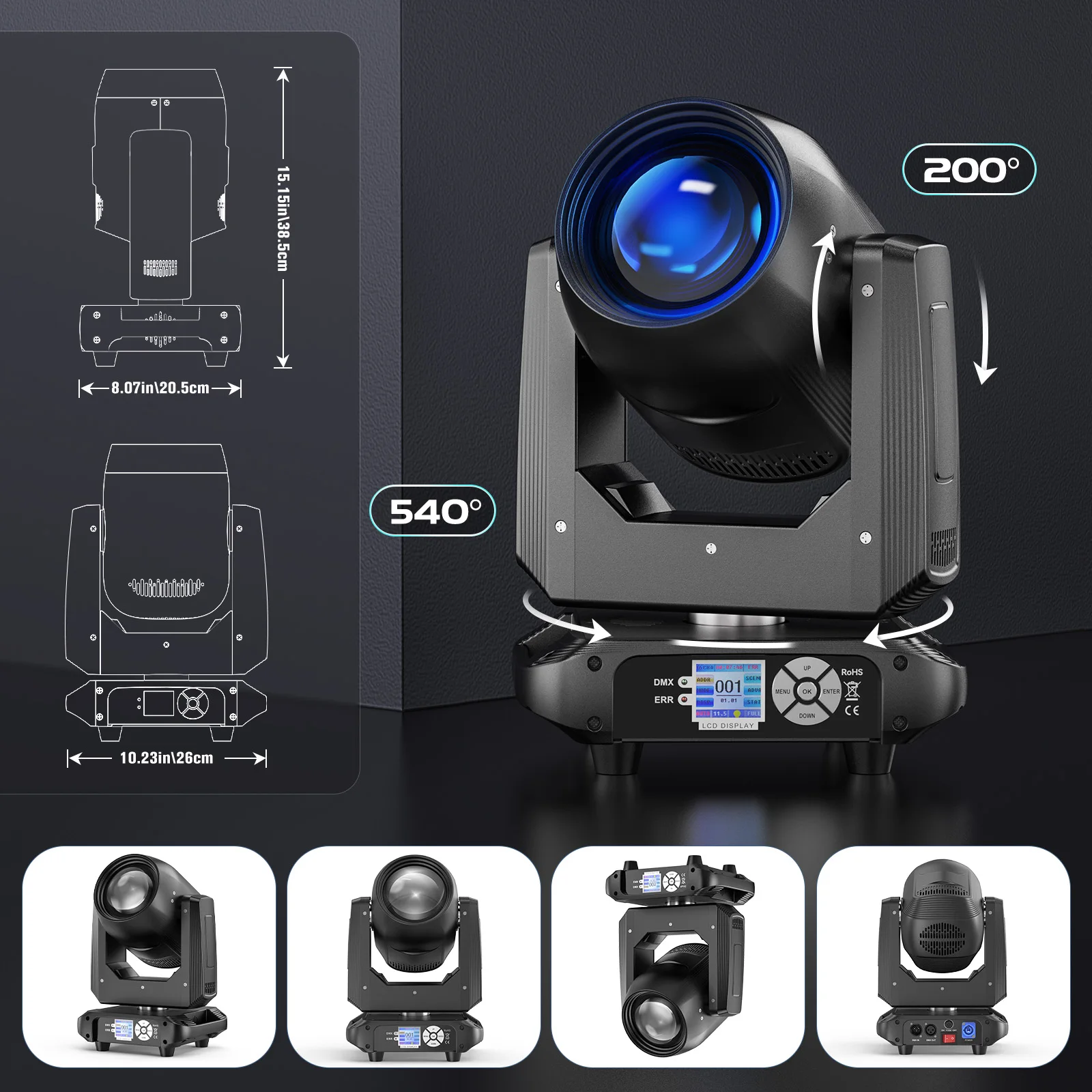 LeLeght 200W Moving Head 18-Facet Prism Stage Light 14CH DMX512 With Sound Activated for Parties Wedding Church Live Show Bar