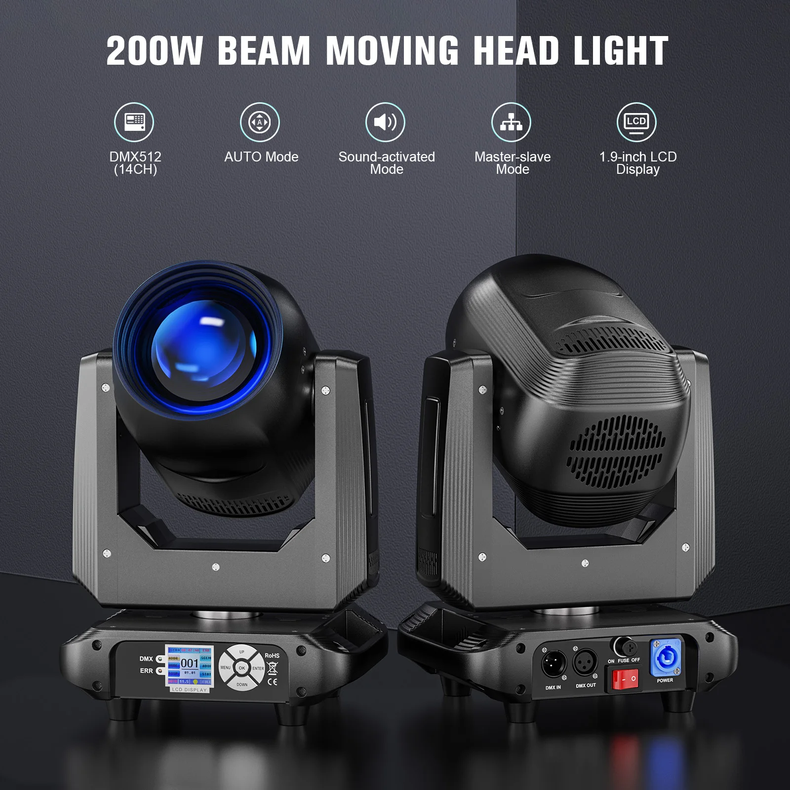 LeLeght 200W Moving Head 18-Facet Prism Stage Light 14CH DMX512 With Sound Activated for Parties Wedding Church Live Show Bar