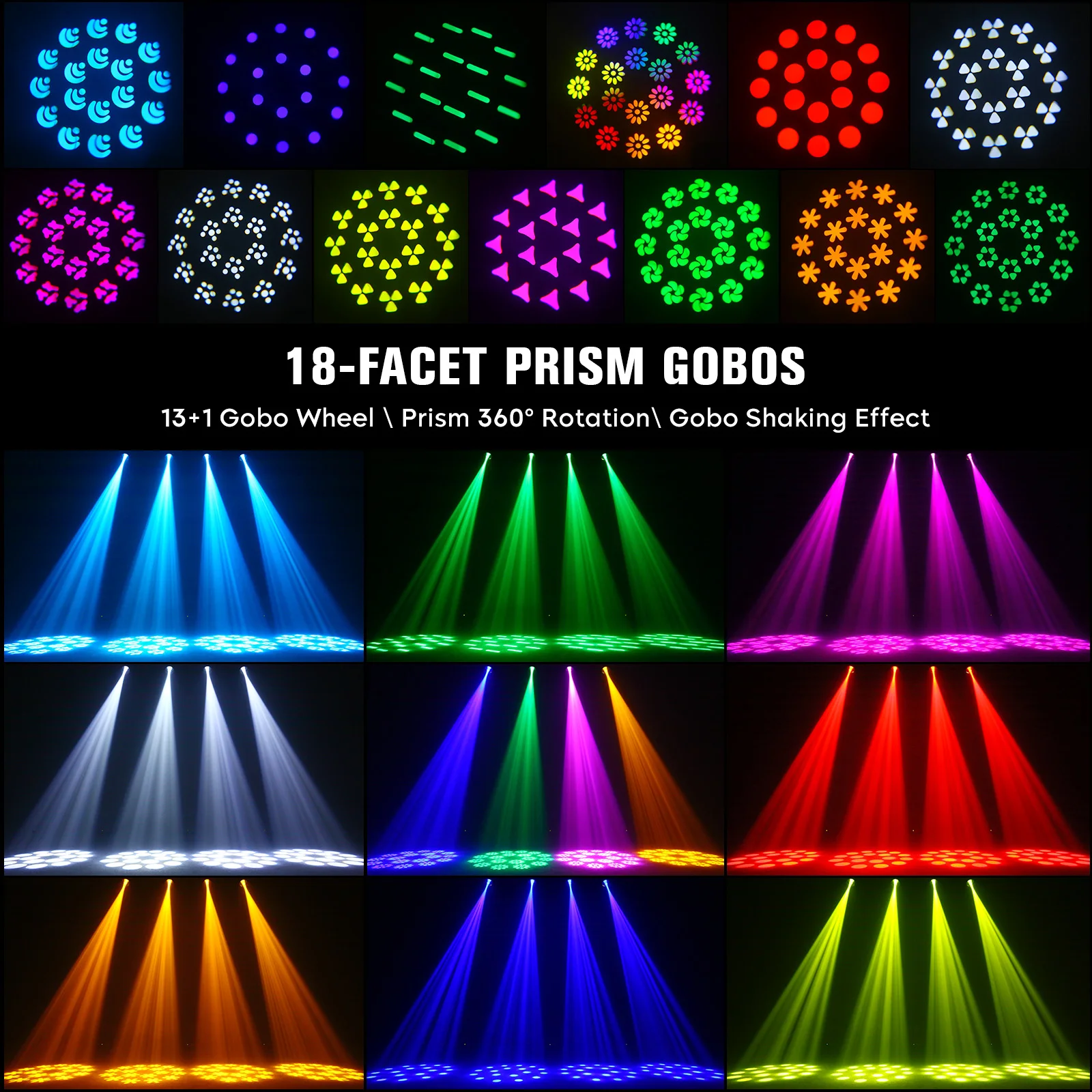 LeLeght 200W Moving Head 18-Facet Prism Stage Light 14CH DMX512 With Sound Activated for Parties Wedding Church Live Show Bar