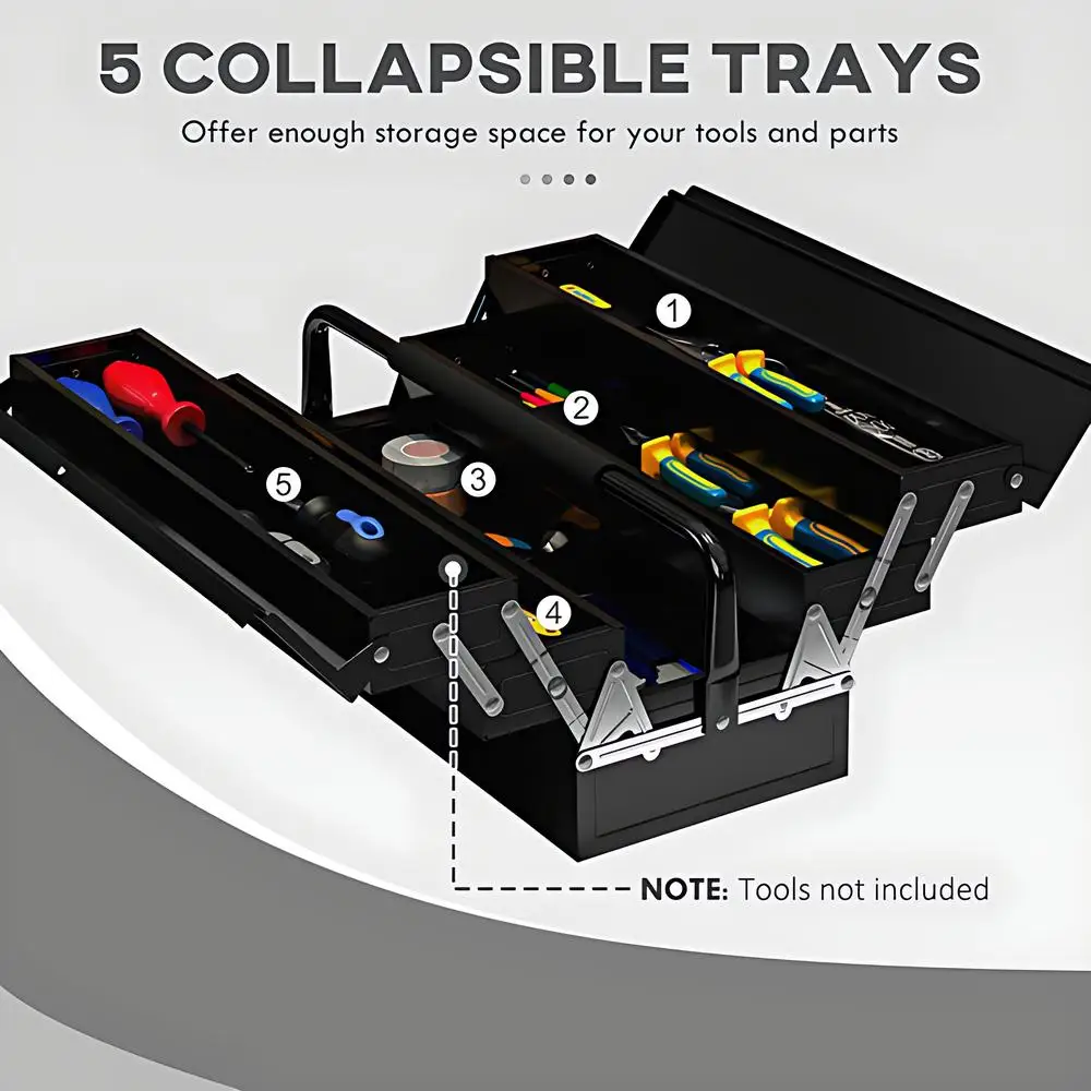 22" Cantilever Tool Box With Handle 3 Layers 5 Retractable Tray Thickened Hardware Storage Box Portable Tools Organizer, Black