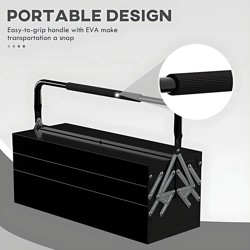 22" Cantilever Tool Box With Handle 3 Layers 5 Retractable Tray Thickened Hardware Storage Box Portable Tools Organizer, Black