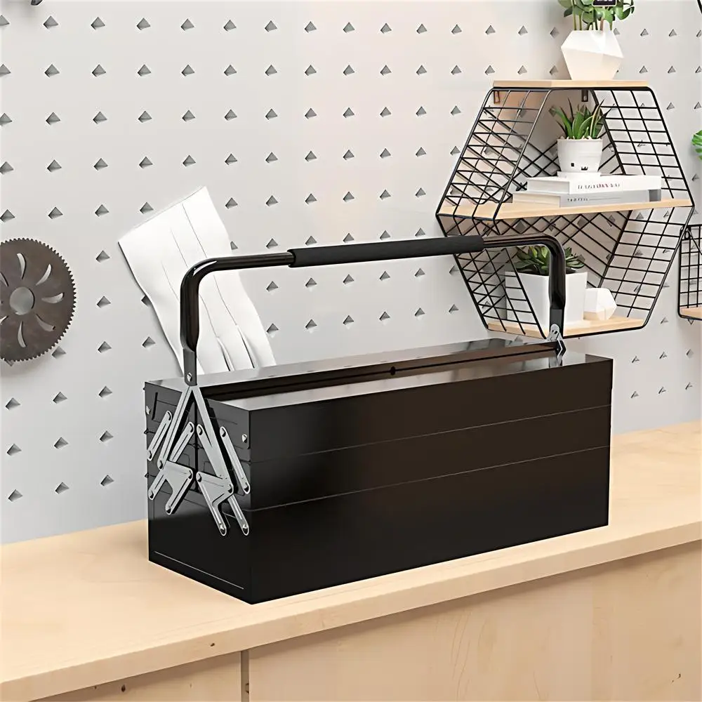 22" Cantilever Tool Box With Handle 3 Layers 5 Retractable Tray Thickened Hardware Storage Box Portable Tools Organizer, Black