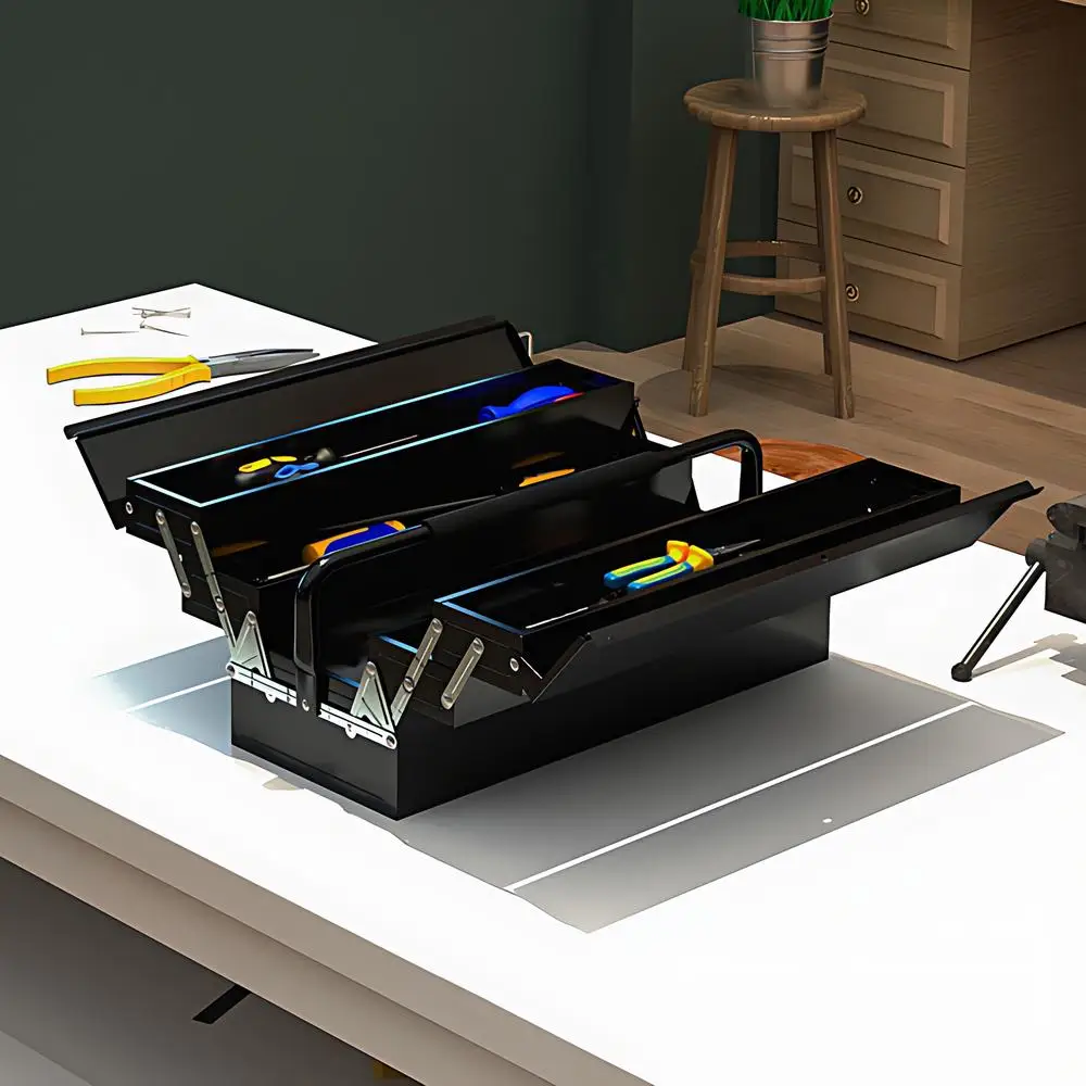 17.7" Cantilever Tool Box With Handle 3 Layers 5 Retractable Tray Thickened Hardware Storage Box Portable Tools Organizer, Black
