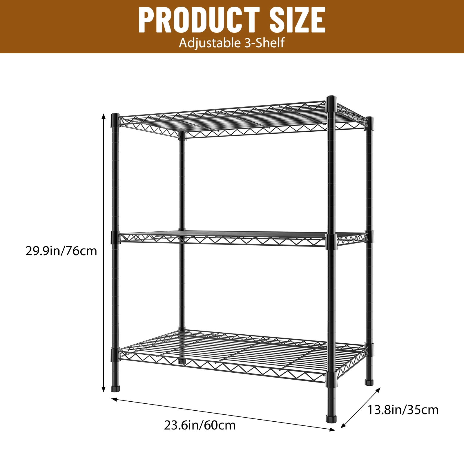 3-Shelf Narrow Storage Unit With Height Adjustable Shelves and Levelling Feet, 340 kg Max Weight, 60cm (W) *35cm(D)*76cm(H)