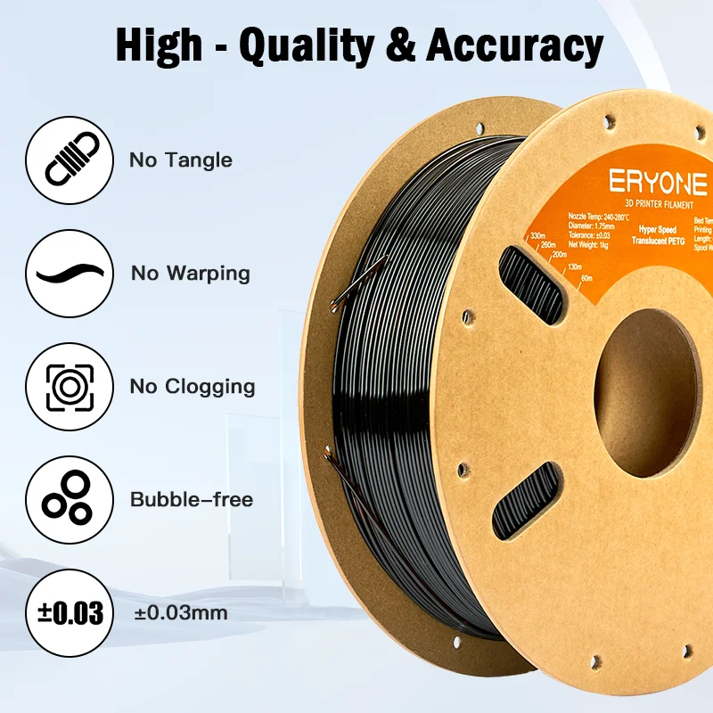 ERYONE 3KG PETG High-Speed Transparent Series 3D Filament, Multicolor Available, Max Print Speed 500mm/s, 1KG/Spool
