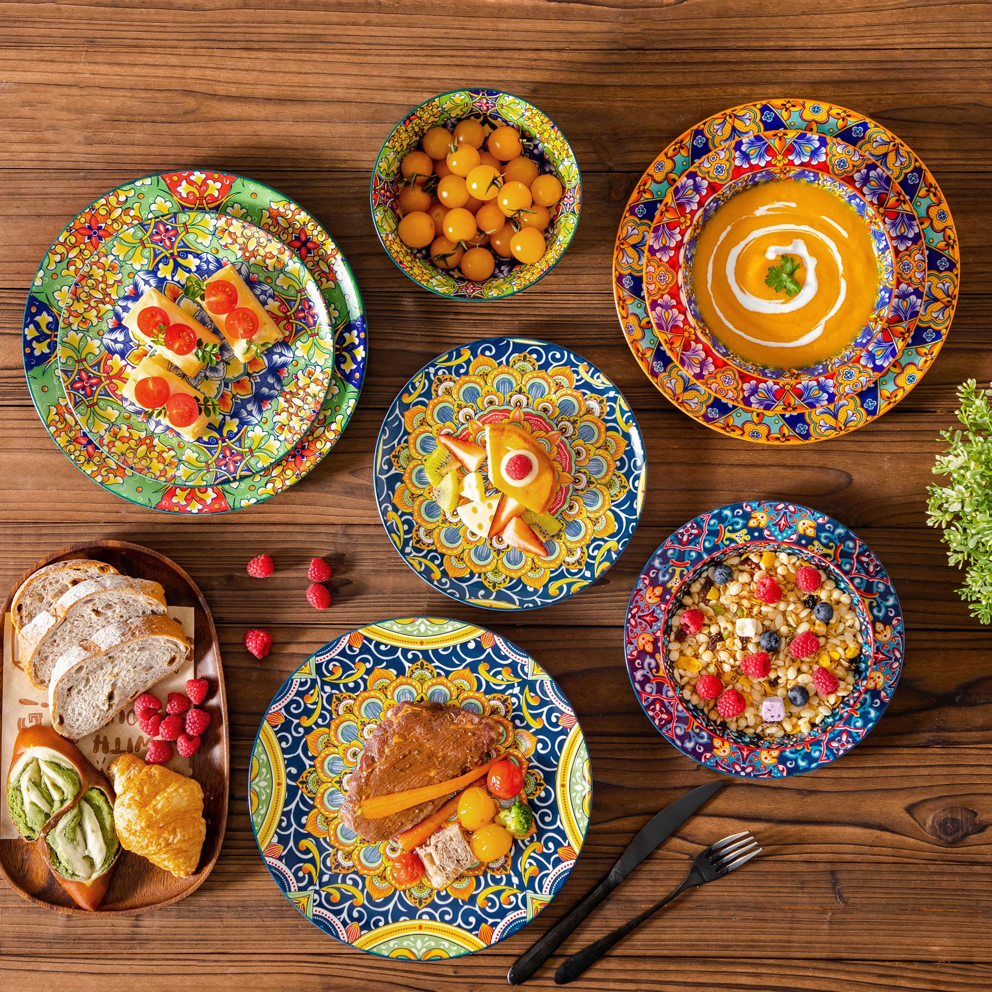 Vancasso 12/24 Piece New Bohemian Ceramic Dinnerware Plates Porcelain Plates Dinner Set with 4pcs Dinner Plate/Dessert/Bowl
