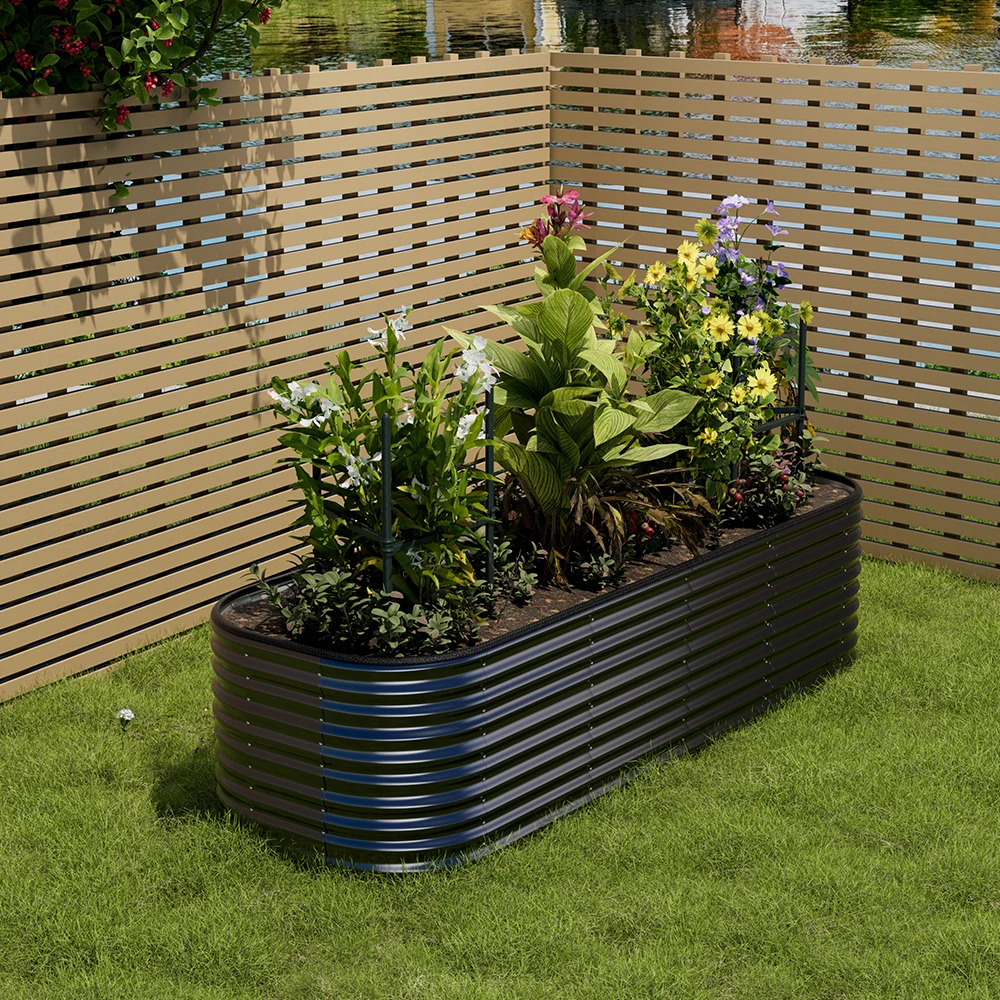Voltsify Anthracite Oval-Shaped Galvanized Steel Raised Garden Bed, 240cm W X 80cm D X 56cm H