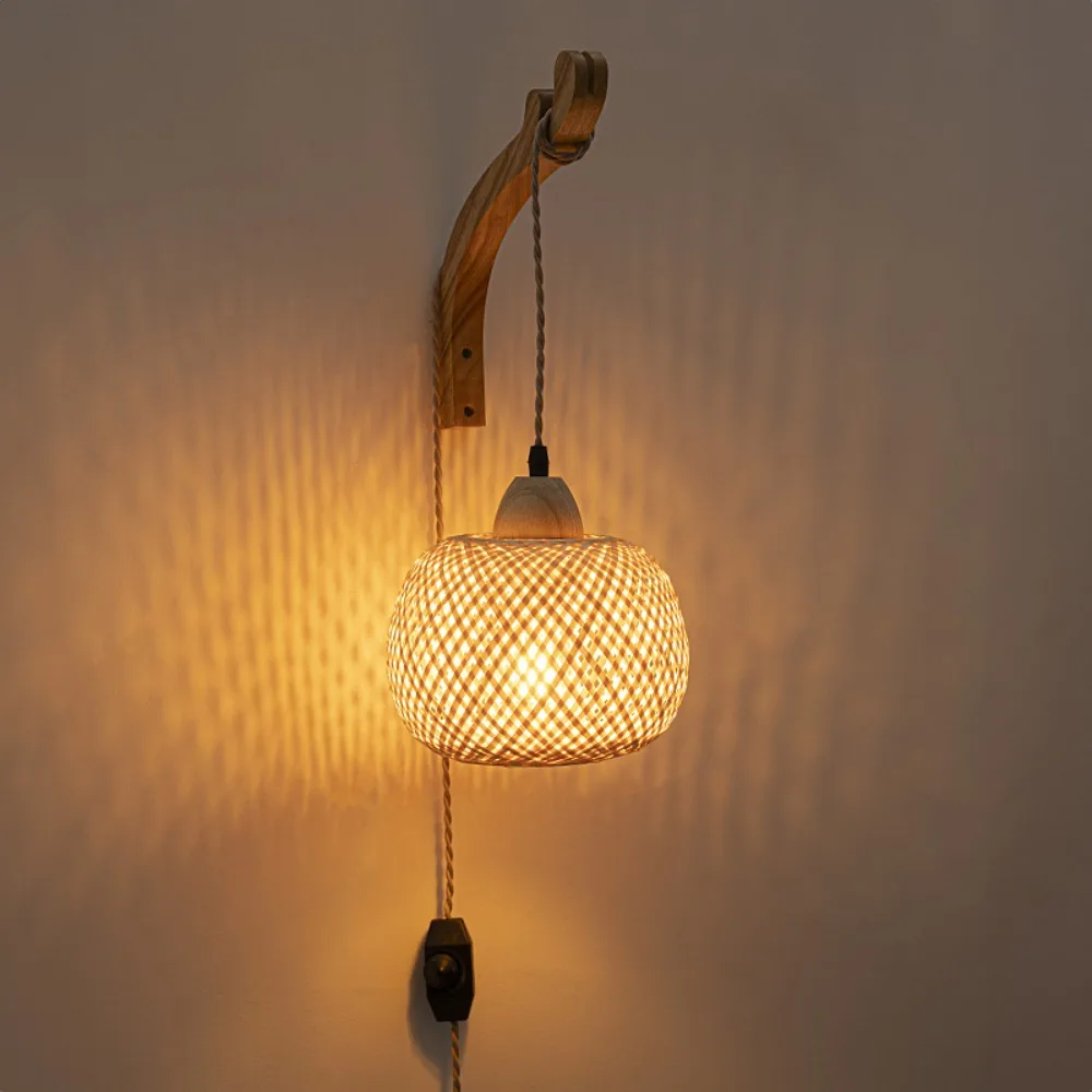 Hand Woven Bamboo Wall Lamp with Plug in Cord Farmhouse Rustic Boho Wall Sconces EU Plug Wall Lighting for Living Room Bedroom