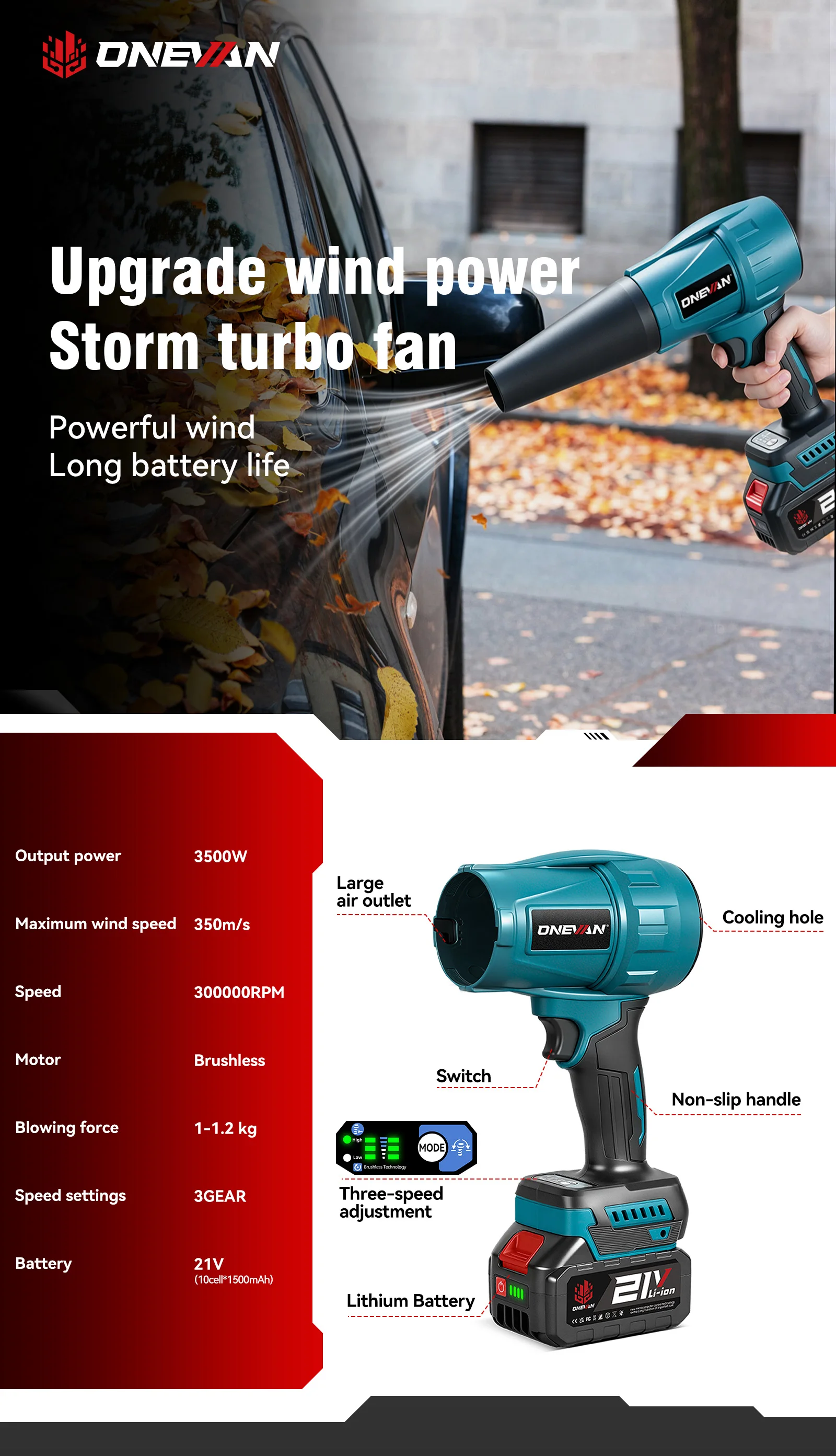 ONEVAN 300000RPM 350M/S Brushless Electric Turbo Blowers Jet Fan Handheld Leaf Dust Blowing Tool for Makita 18V Battery Pin