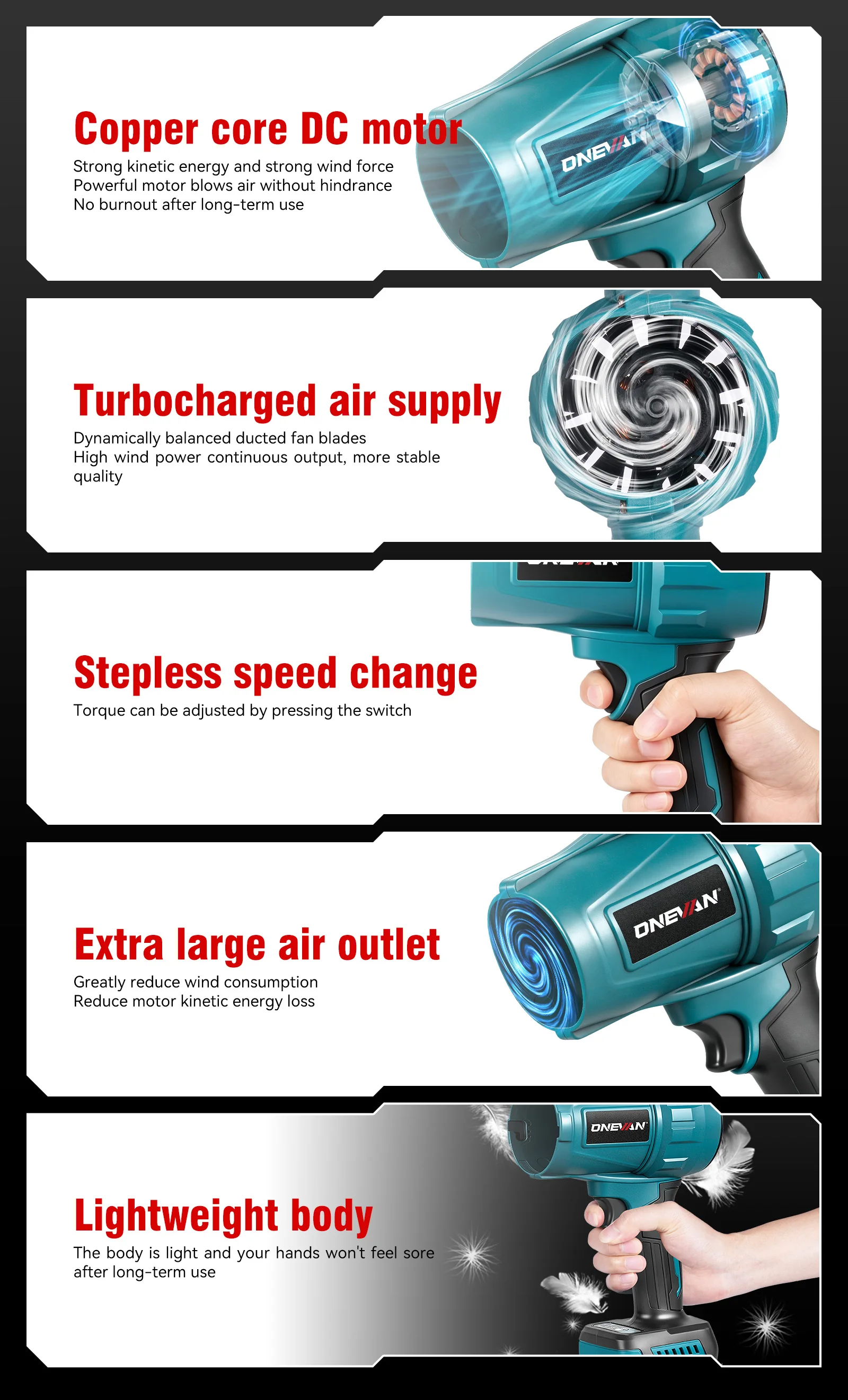 ONEVAN 300000RPM 350M/S Brushless Electric Turbo Blowers Jet Fan Handheld Leaf Dust Blowing Tool for Makita 18V Battery Pin
