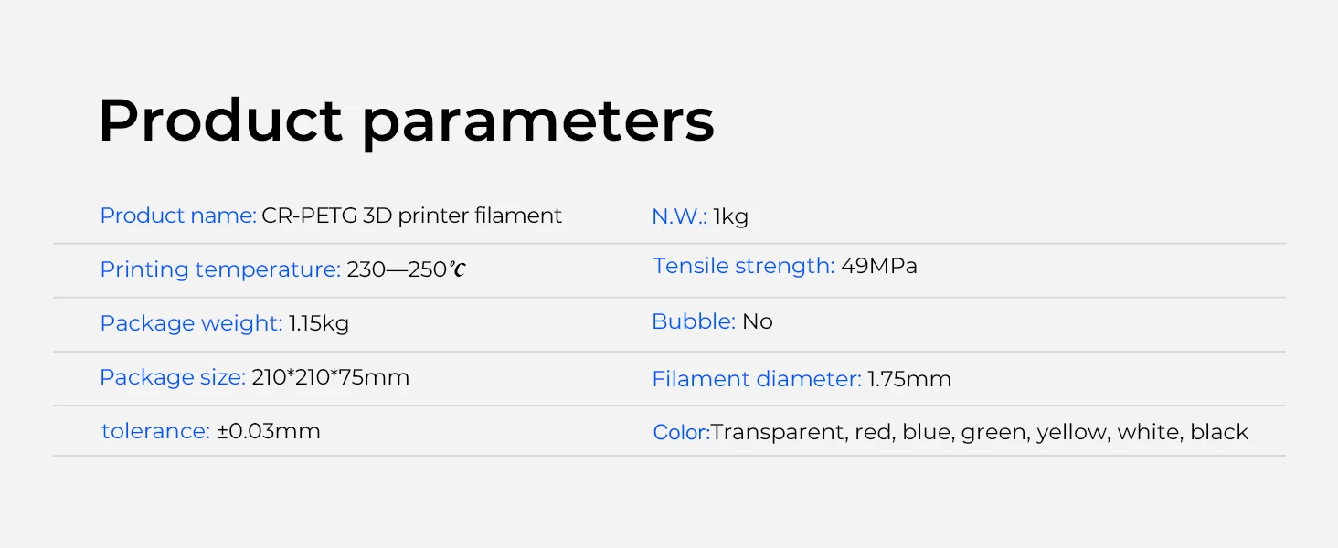 CREALITY CR-PETG Filament 1.75mm 1.0kg Eco-friendly Odorless and Non-toxic High Stability Moisture Resistance for FDM Printers