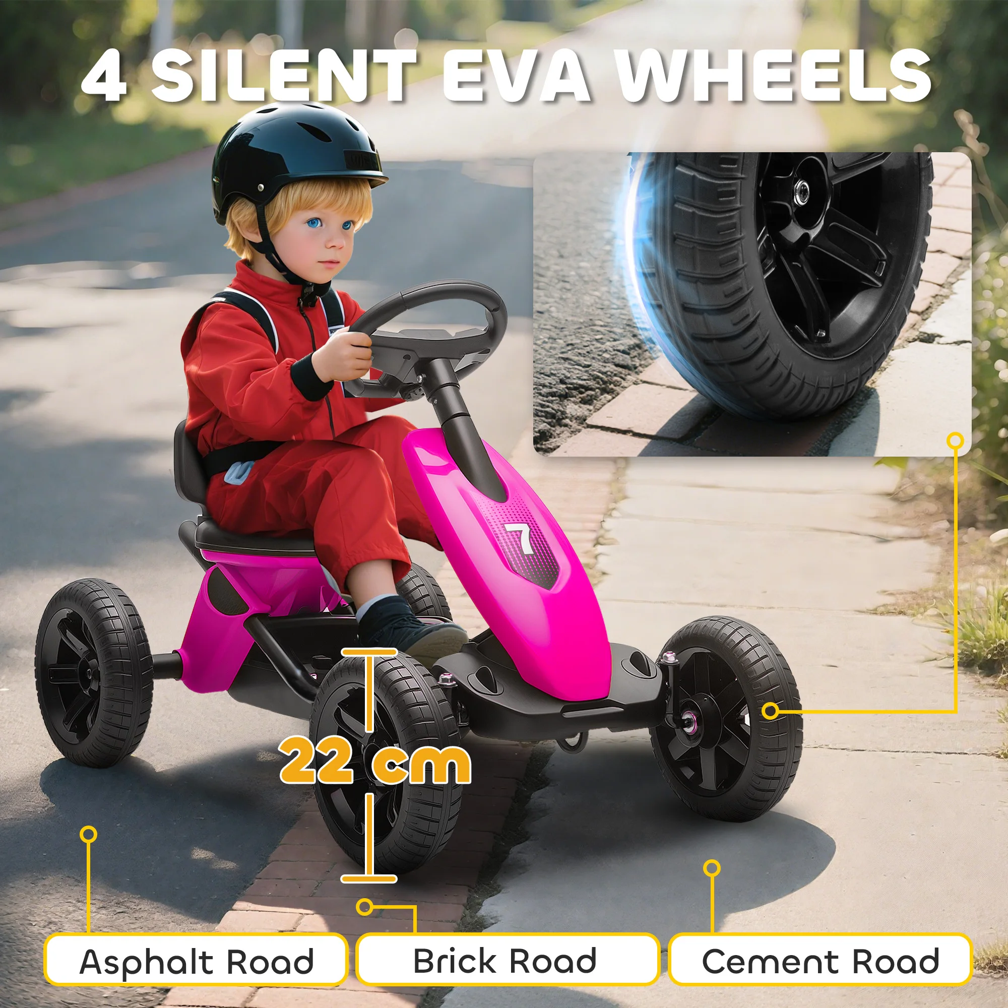 AIYAPLAY Pedal Go-Kart for Kids with Silent EVA Wheels, Metal Frame