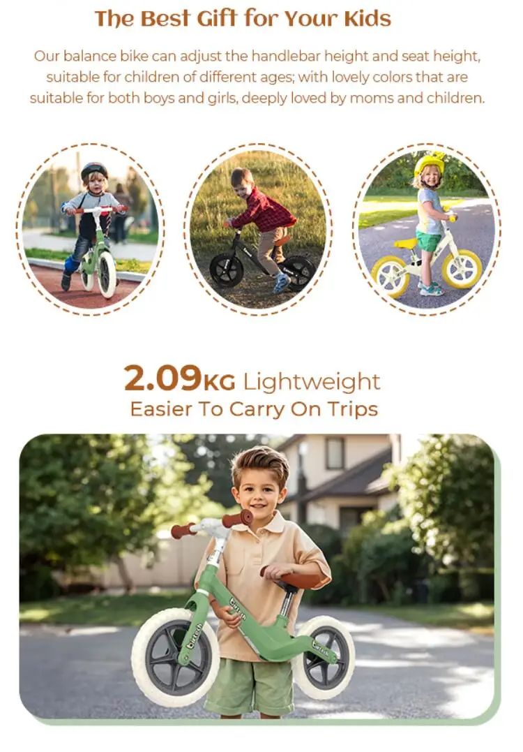12" Balance Bike for Kids, Lightweight No Pedal Walking Balance Bike with Nylon Frame and Flat-Free Tires, Adjustable Training