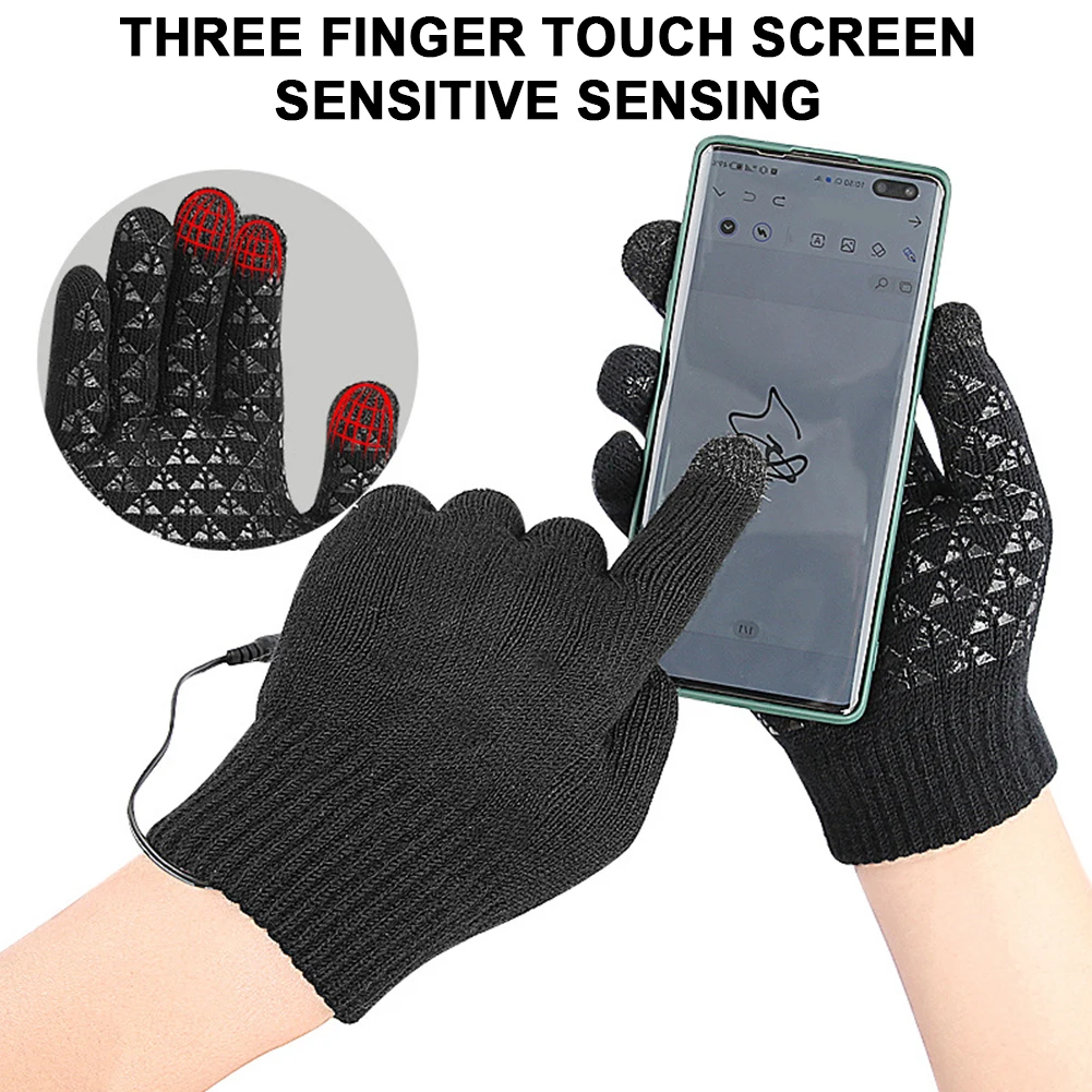 USB Electric Heated Gloves Full Finger Non-Slip Touch Screen Glove Windproof Thicken Thermal Knitting Mitts For Outdoor Cycling