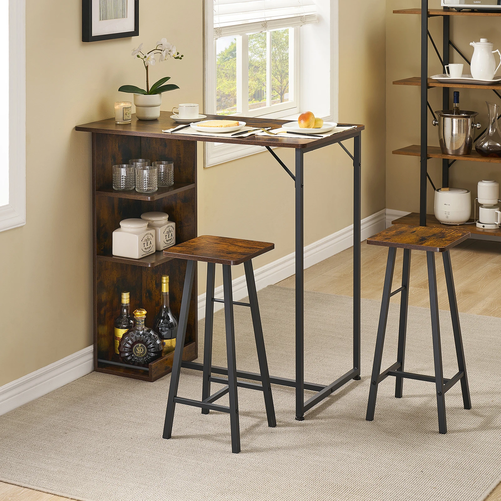 Small Bar Table and Chairs 3-Piece Bar Table Set with 3 Tier Storage Shelves Space Saving Table for Apartment Dining Room