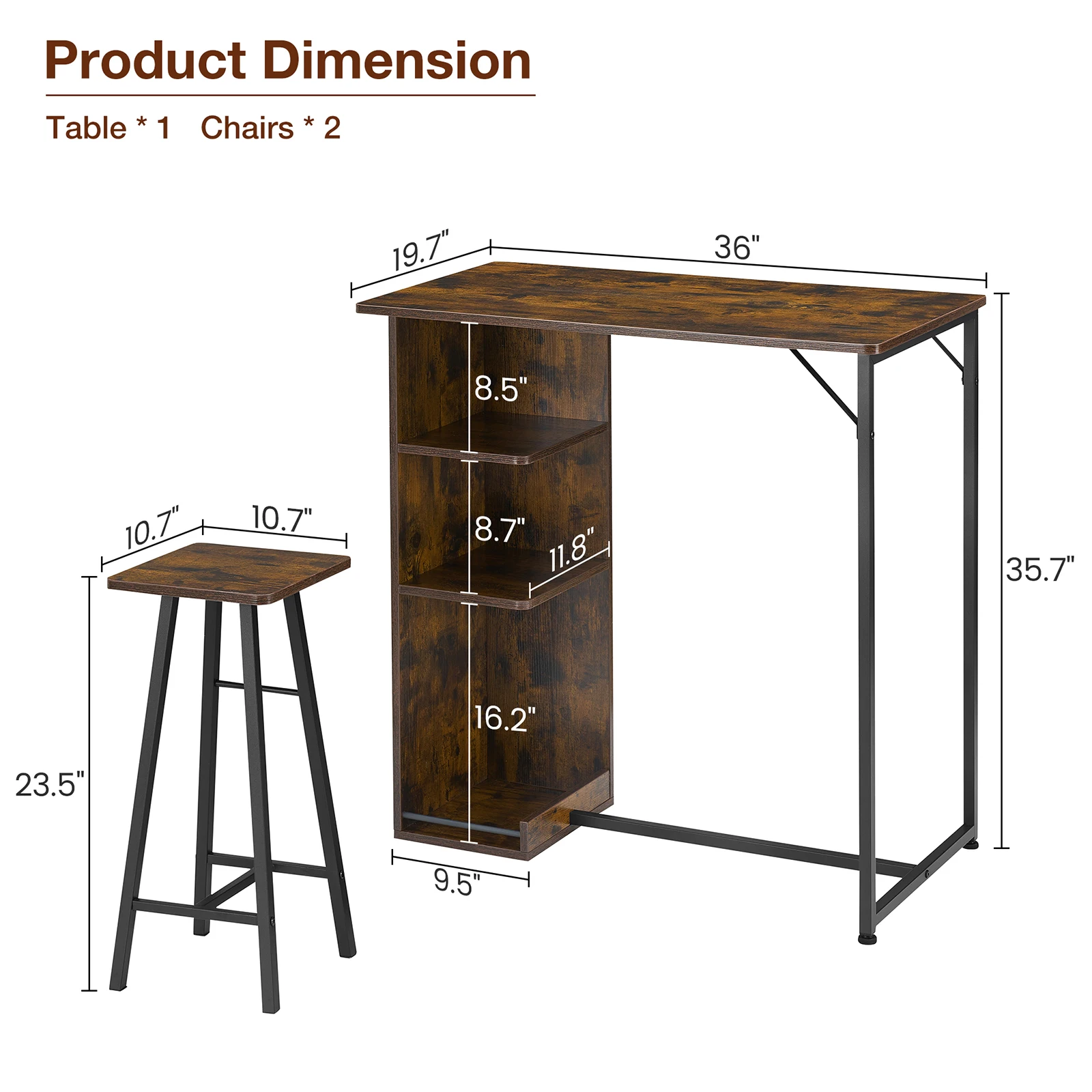 Small Bar Table and Chairs 3-Piece Bar Table Set with 3 Tier Storage Shelves Space Saving Table for Apartment Dining Room